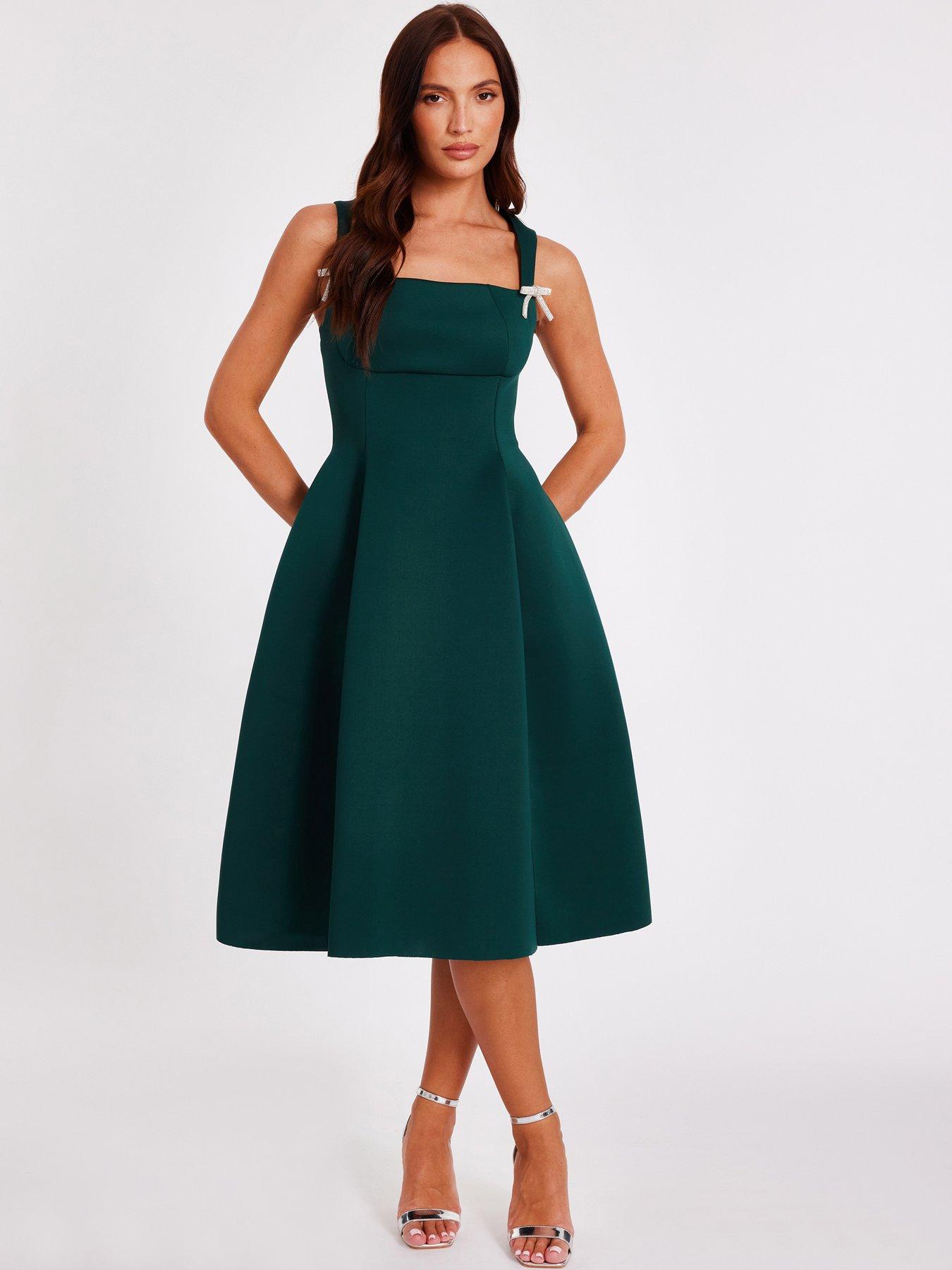 undefined Dark Green Diamante Bow Midi Dress