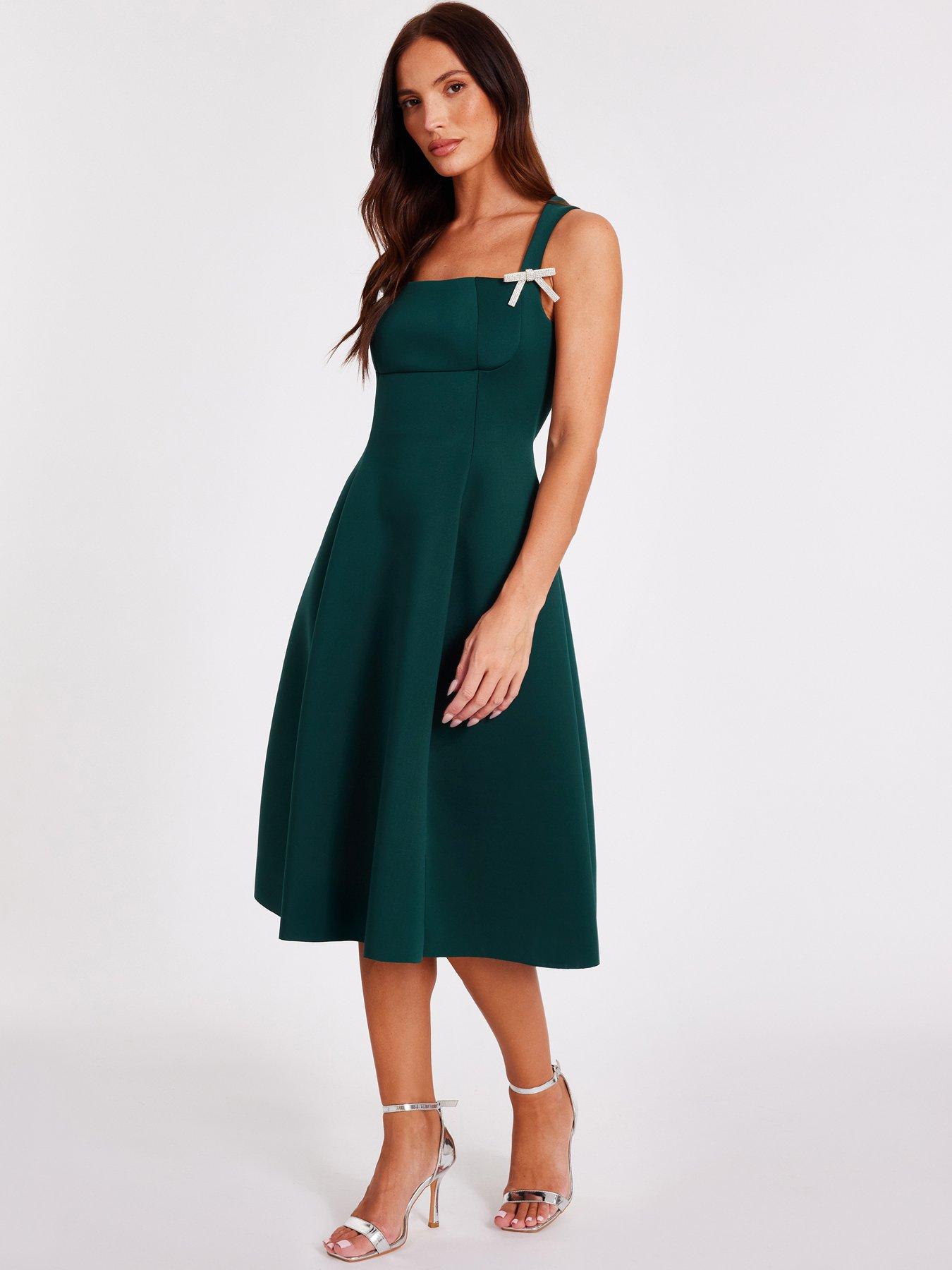 Image 3 of 6 of Quiz Dark Green Diamante Bow Midi Dress