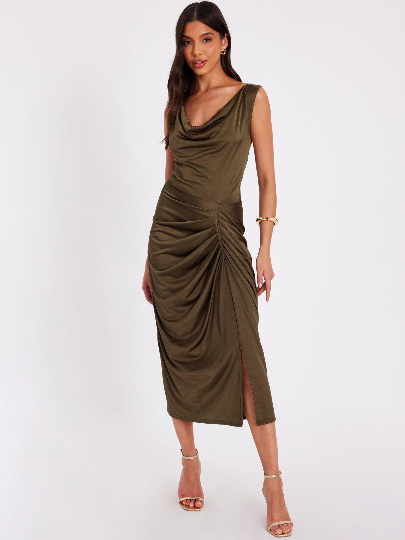 quiz-khaki-cowl-neck-midi-dress