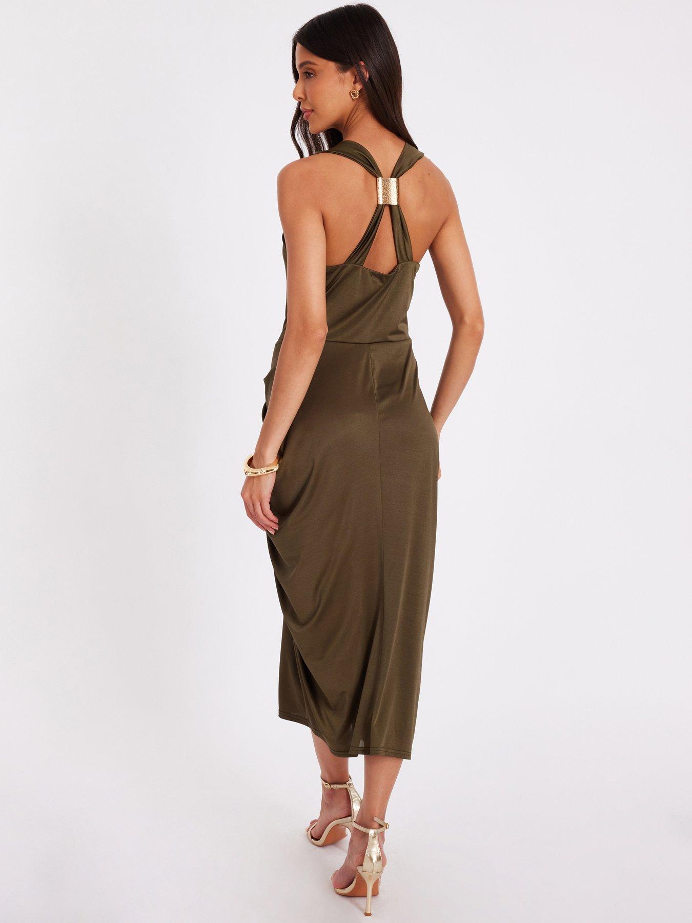 Image 2 of 5 of Quiz Khaki Cowl Neck Midi Dress