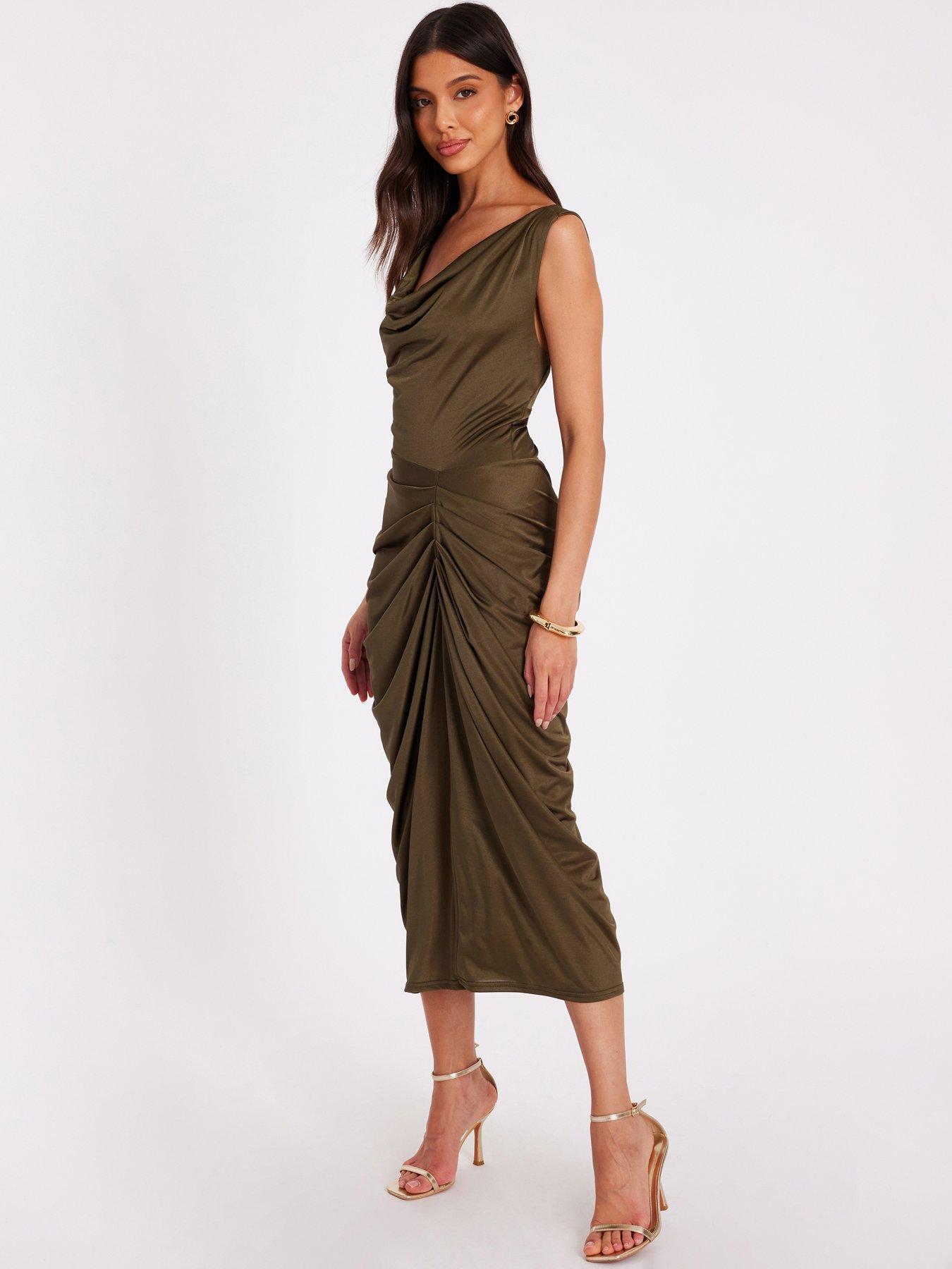 Image 3 of 5 of Quiz Khaki Cowl Neck Midi Dress