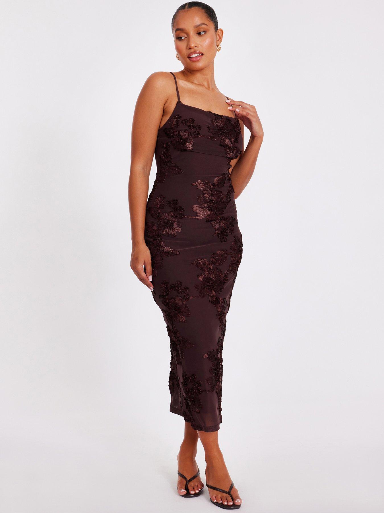Image 1 of 6 of Quiz Petite Brown Floral Applique Midaxi Dress