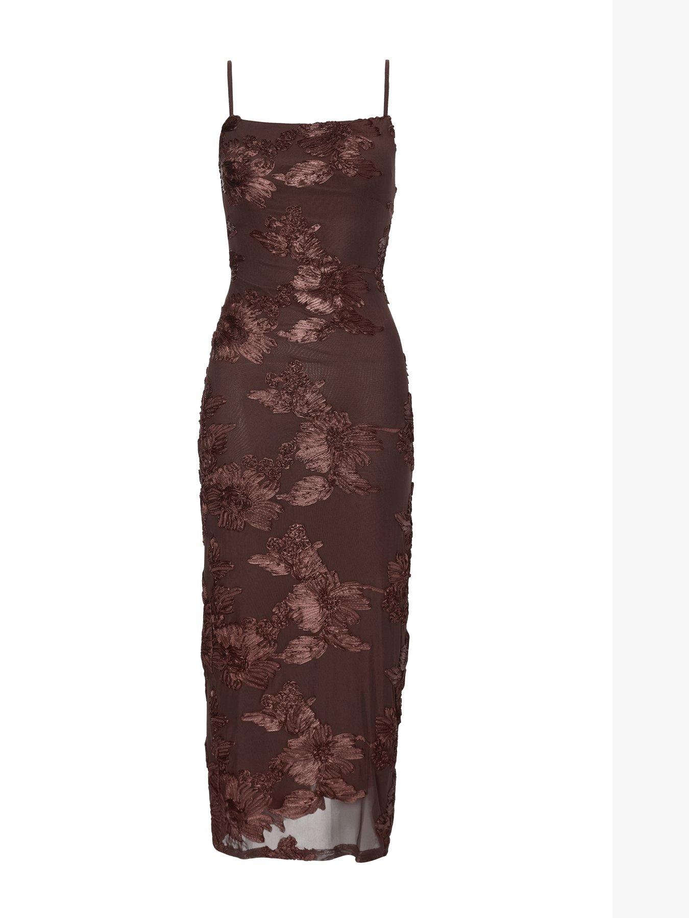 Image 5 of 6 of Quiz Petite Brown Floral Applique Midaxi Dress