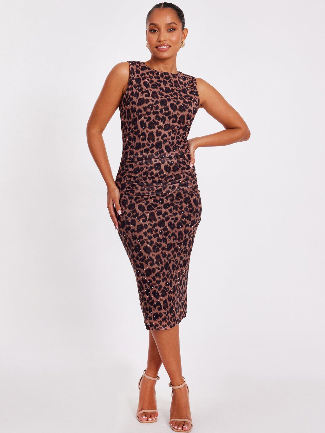 undefined Petite Brown Mesh Leopard Print Midi Dress