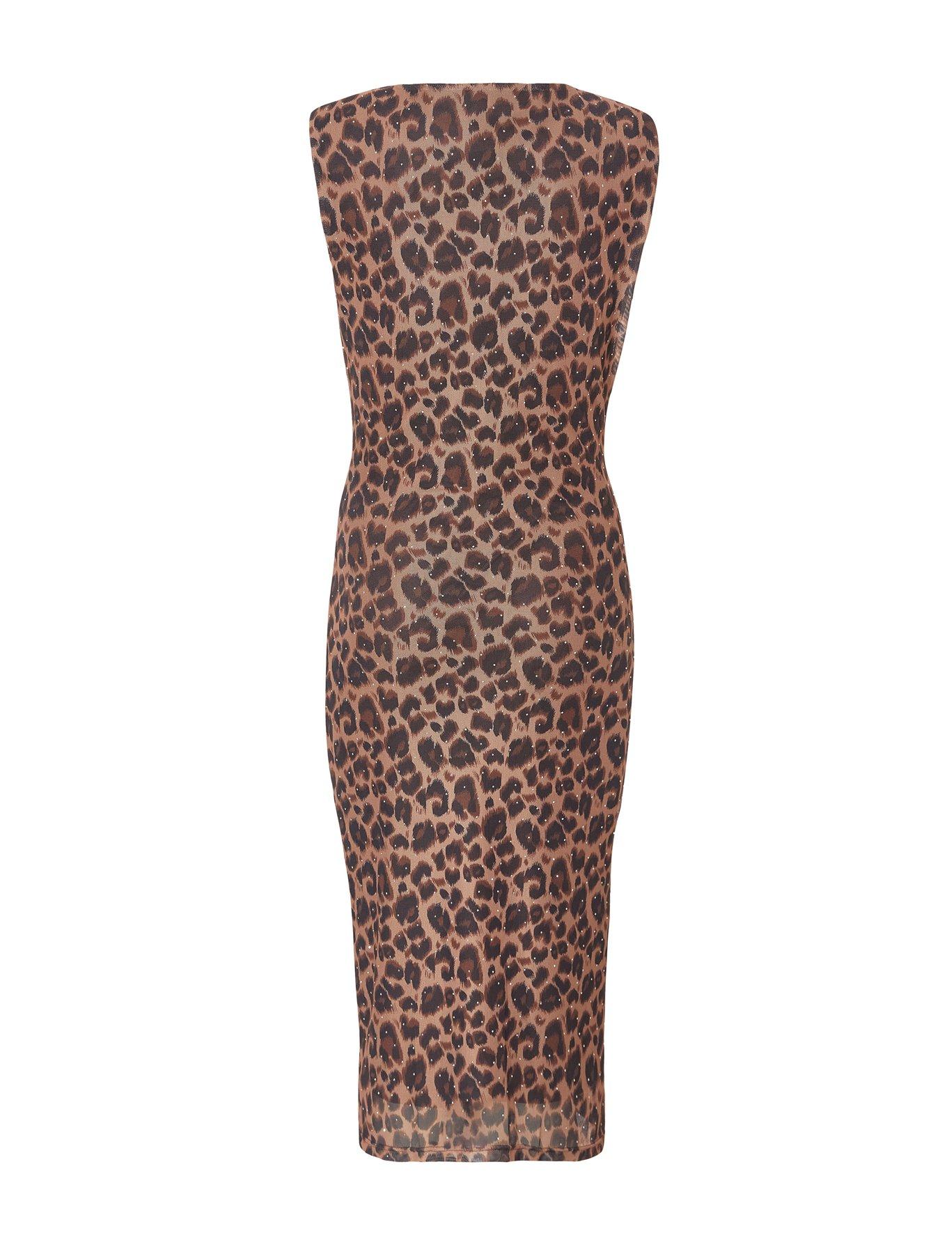 Image 4 of 6 of Quiz Petite Brown Mesh Leopard Print Midi Dress