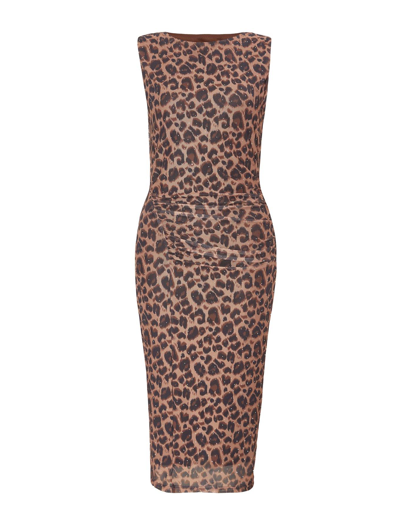 Image 5 of 6 of Quiz Petite Brown Mesh Leopard Print Midi Dress