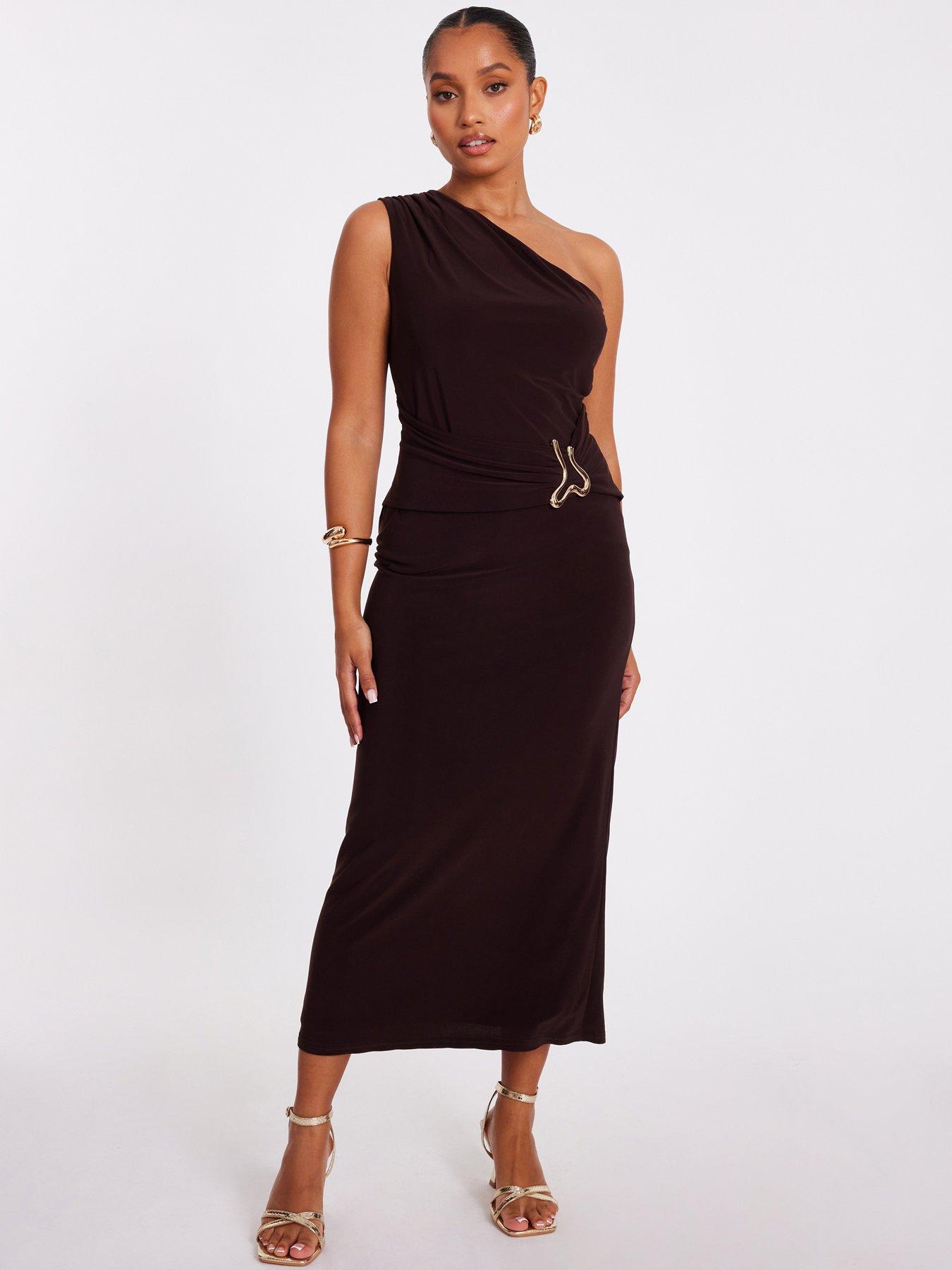 undefined Petite Brown One Shoulder Ruched Dress