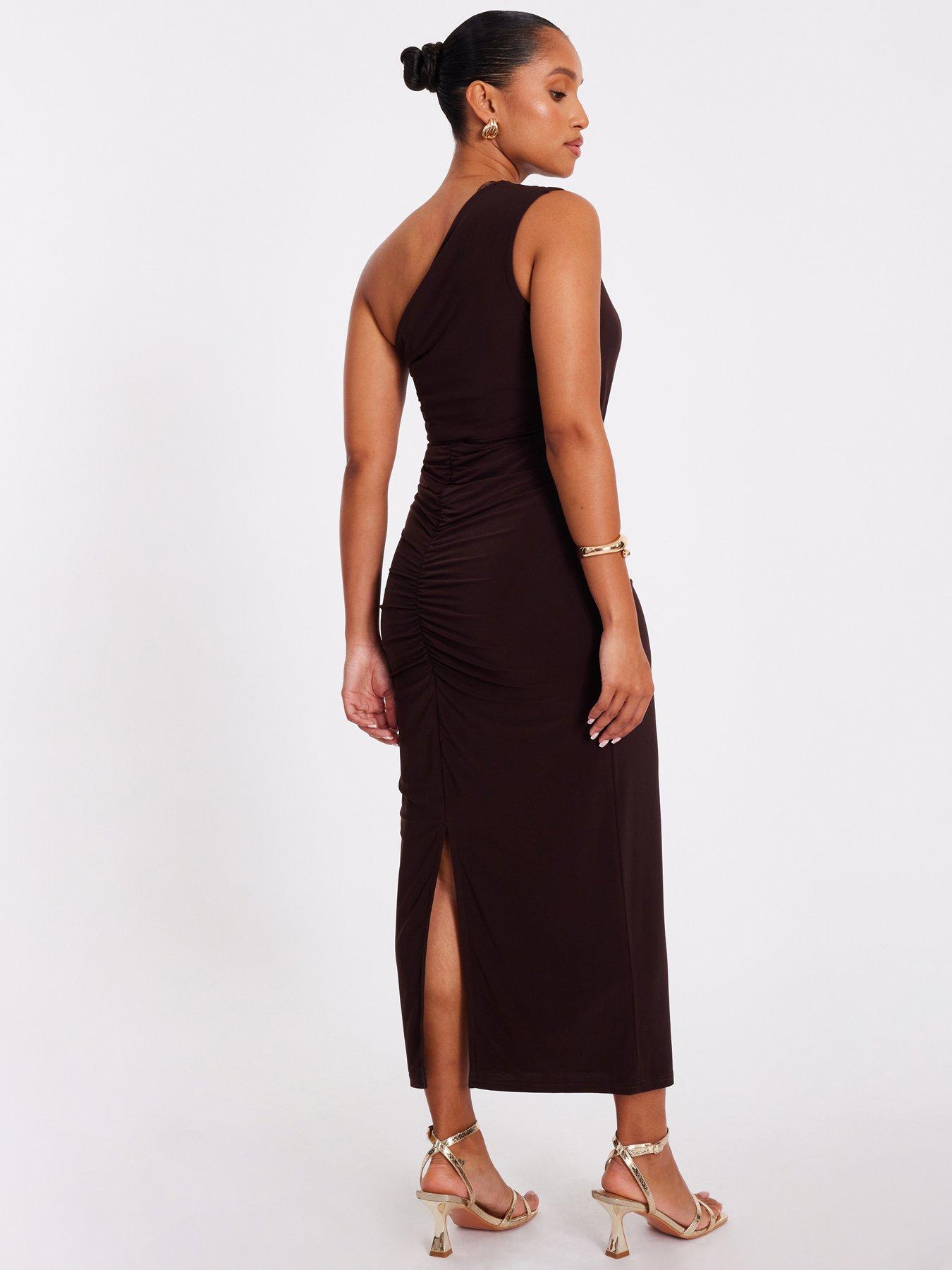 Image 2 of 6 of Quiz Petite Brown One Shoulder Ruched Dress