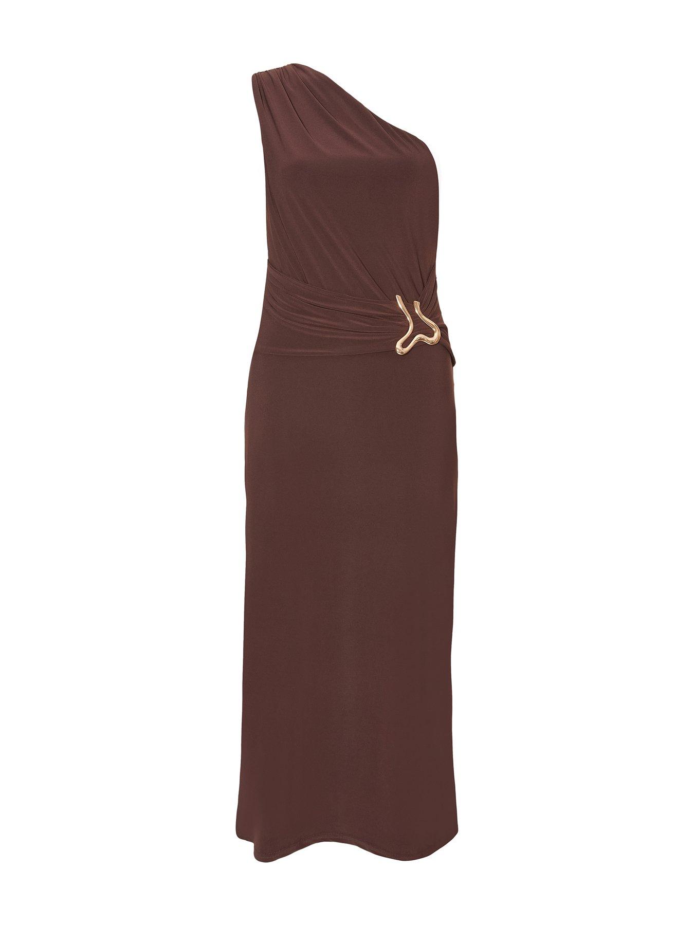 Image 5 of 6 of Quiz Petite Brown One Shoulder Ruched Dress