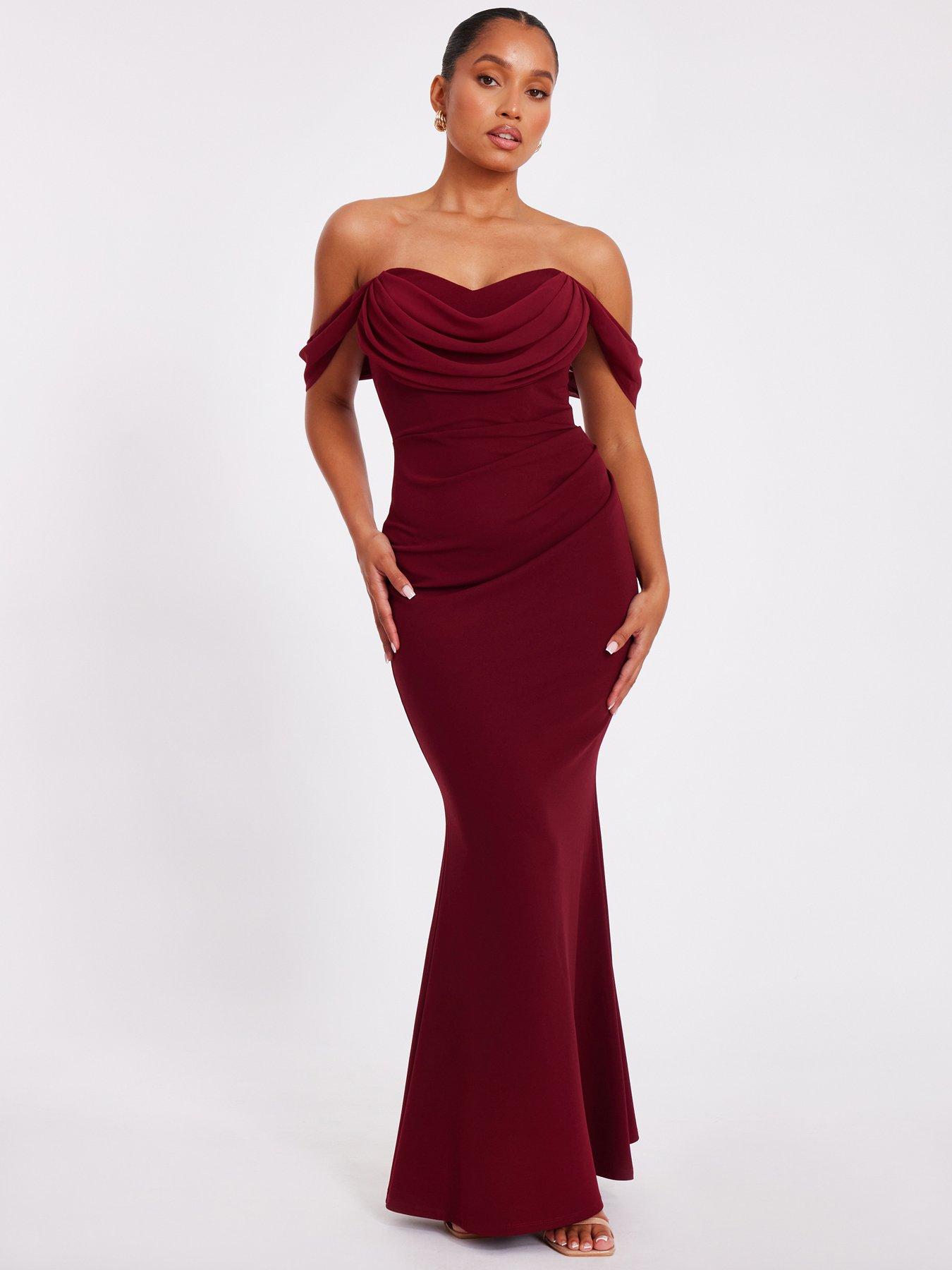 undefined Petite Dark Red Chiffon Bardot Maxi Dress