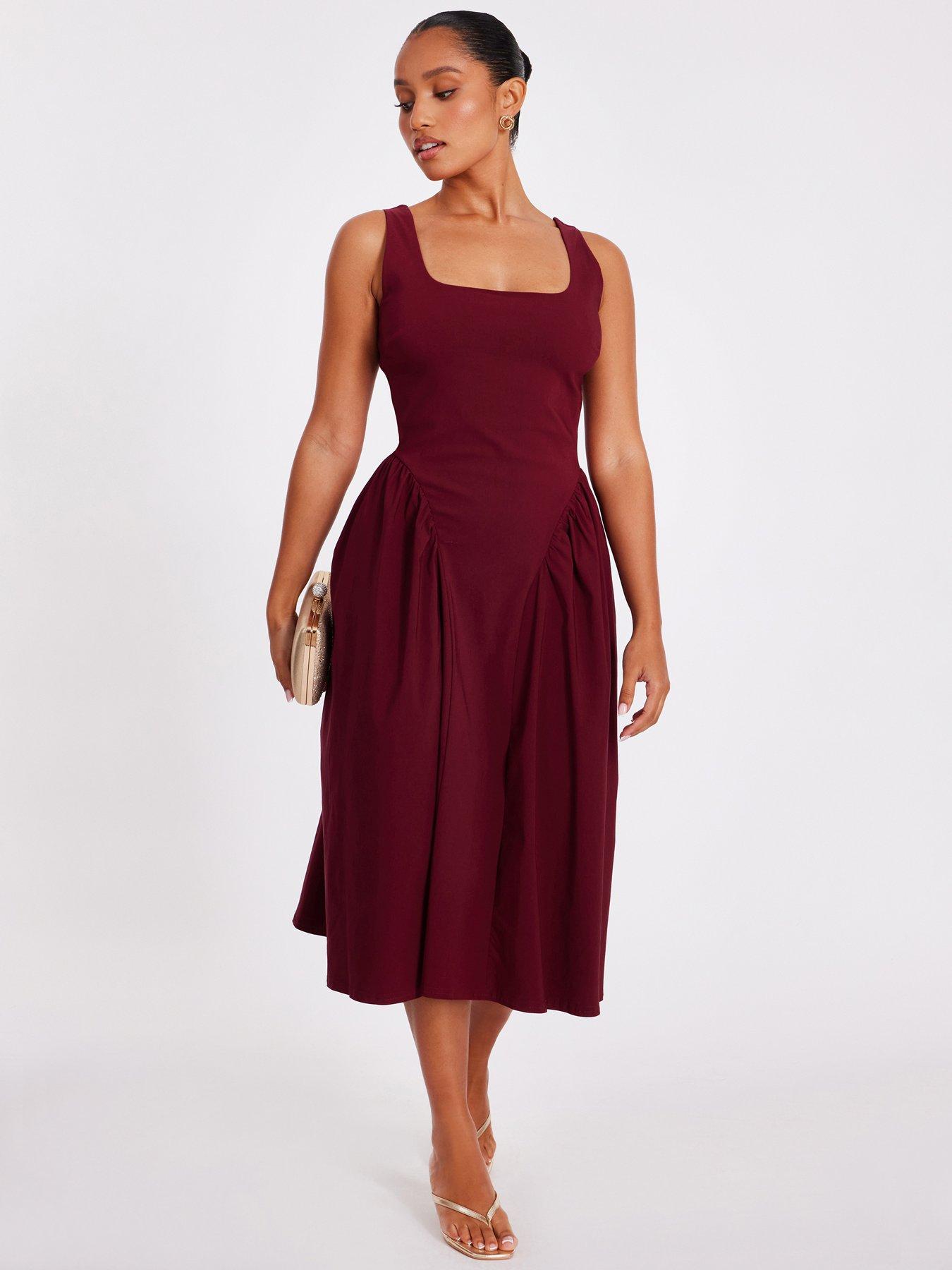 Image 1 of 6 of Quiz Petite Dark Red Ruched Side Midaxi Dress