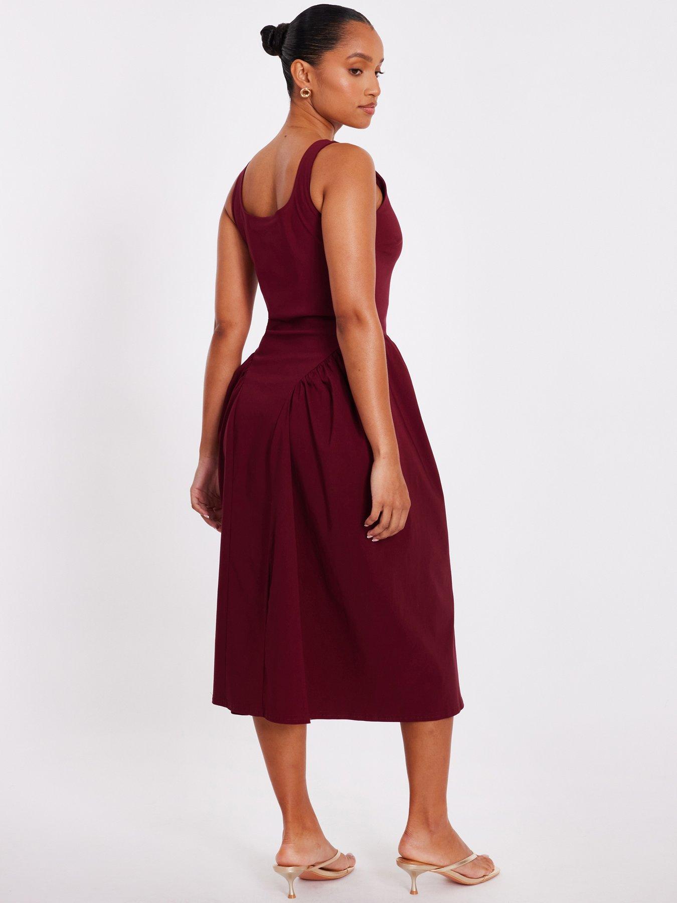 Image 2 of 6 of Quiz Petite Dark Red Ruched Side Midaxi Dress