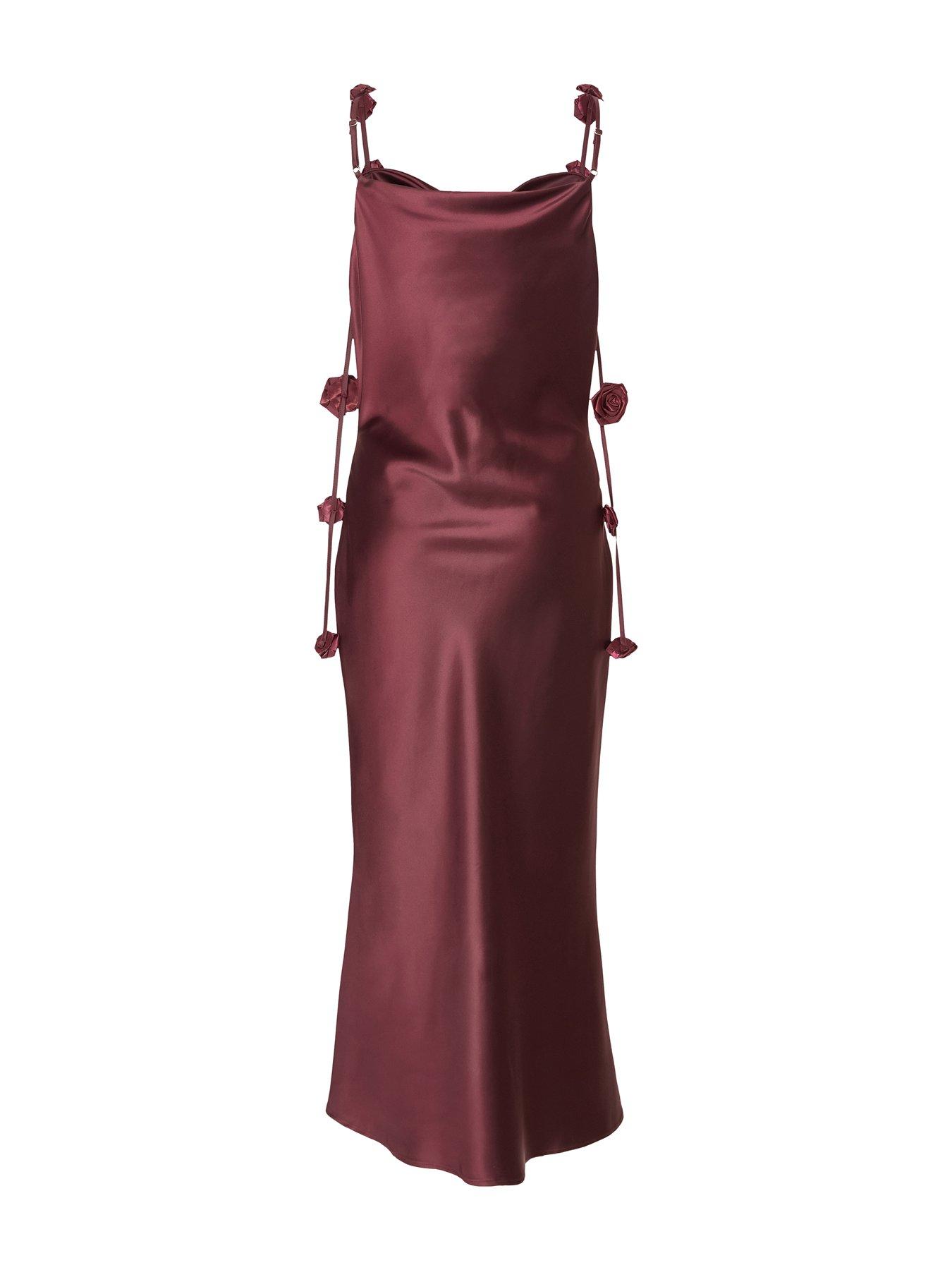 Image 5 of 6 of Quiz Petite Dark Red Satin Midaxi Dress