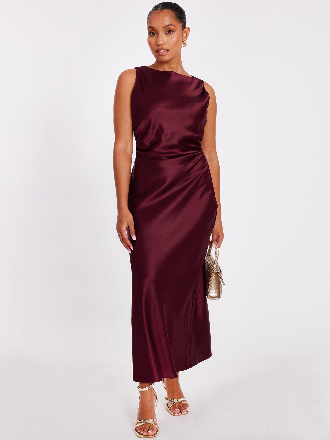 undefined Petite Dark Red Satin Ruched Midaxi Dress