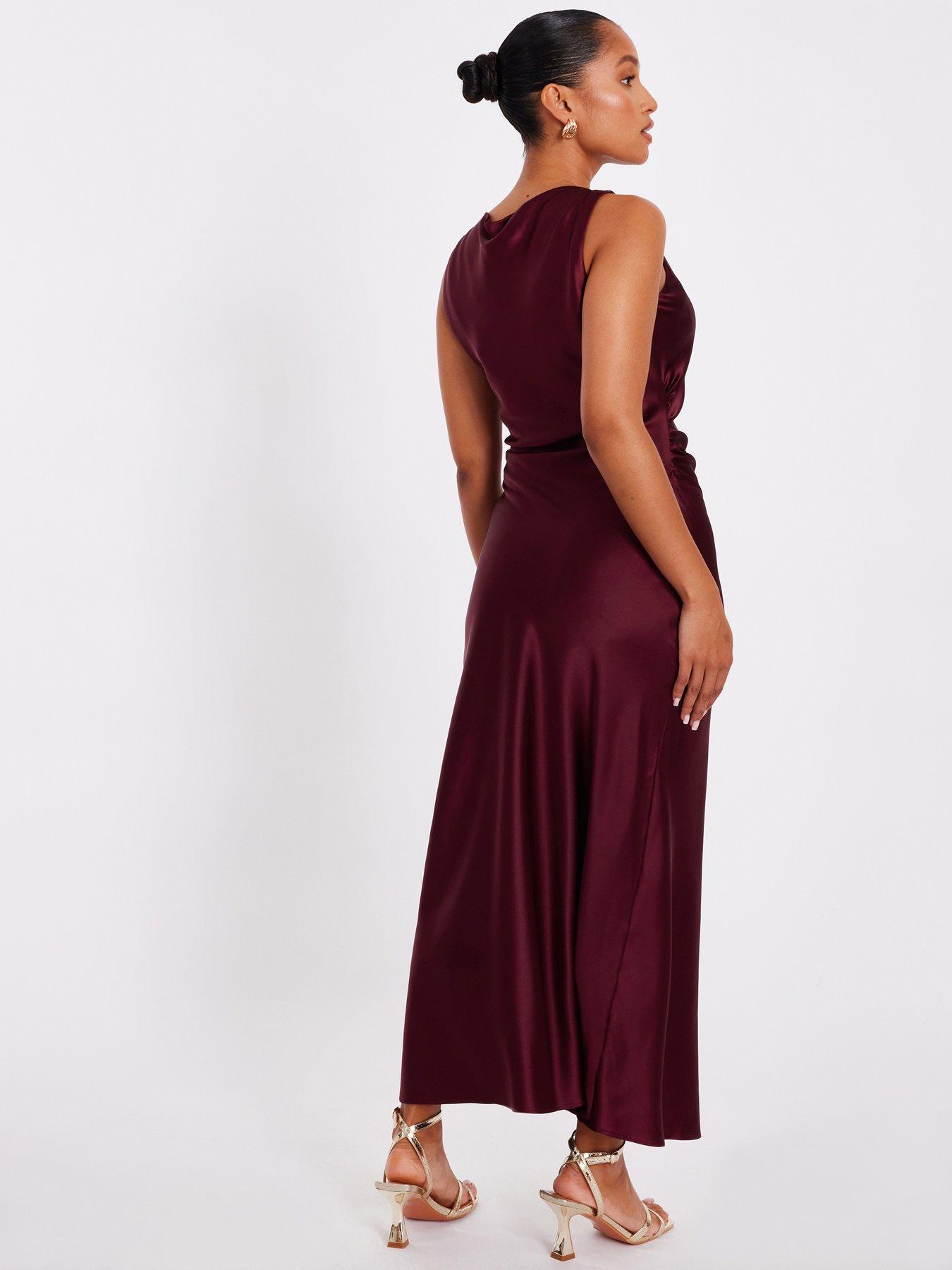 Image 2 of 6 of Quiz Petite Dark Red Satin Ruched Midaxi Dress