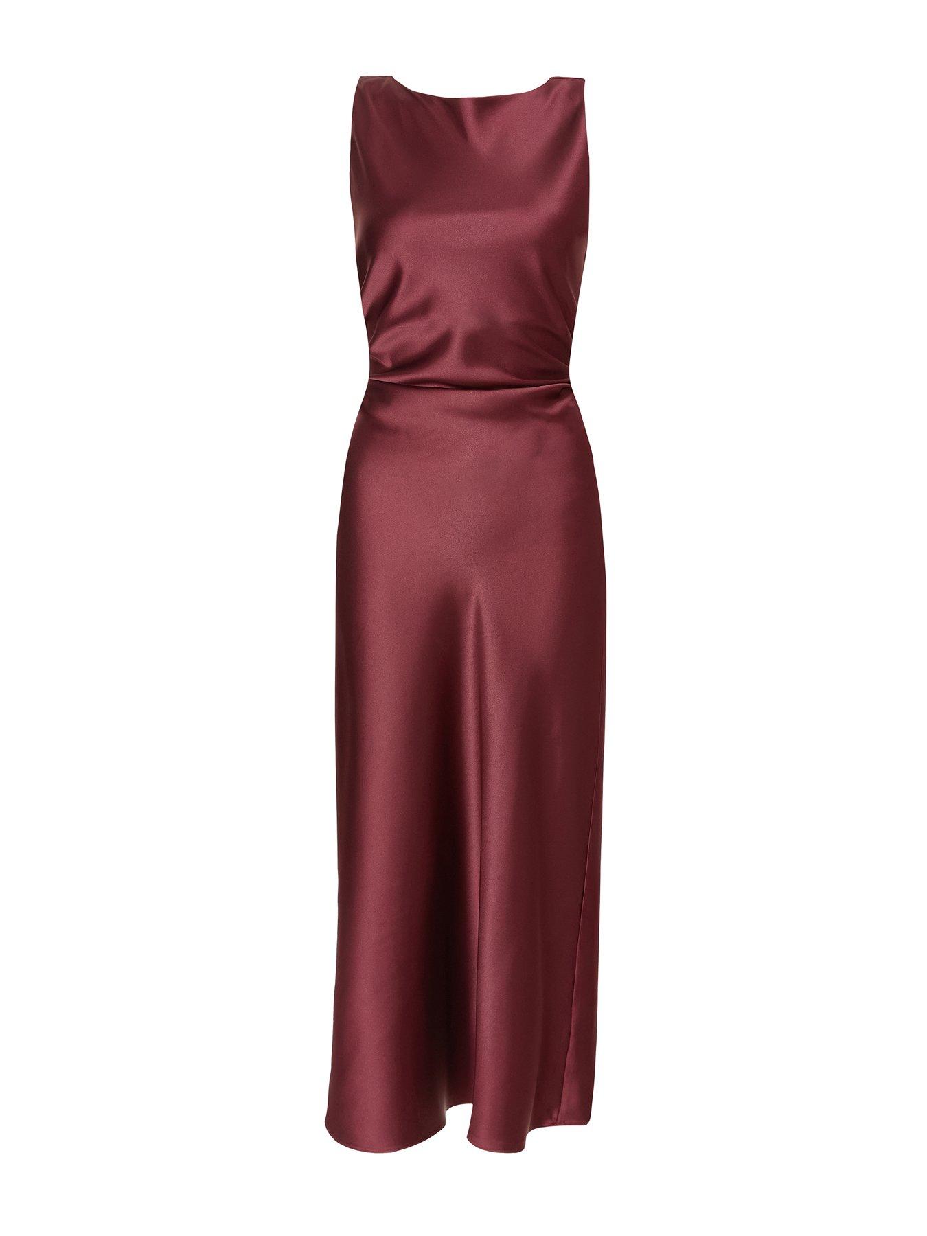 Image 5 of 6 of Quiz Petite Dark Red Satin Ruched Midaxi Dress