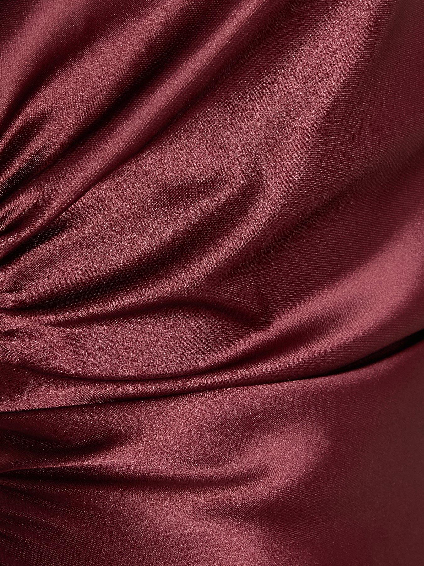 Image 6 of 6 of Quiz Petite Dark Red Satin Ruched Midaxi Dress