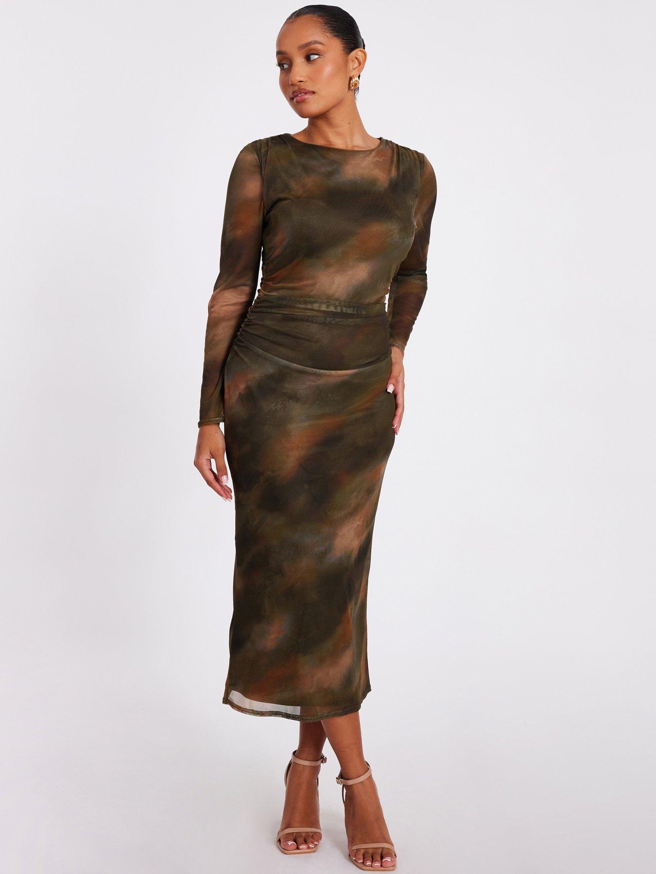Image 1 of 6 of Quiz Petite Khaki Printed Long Sleeve Midaxi Dress