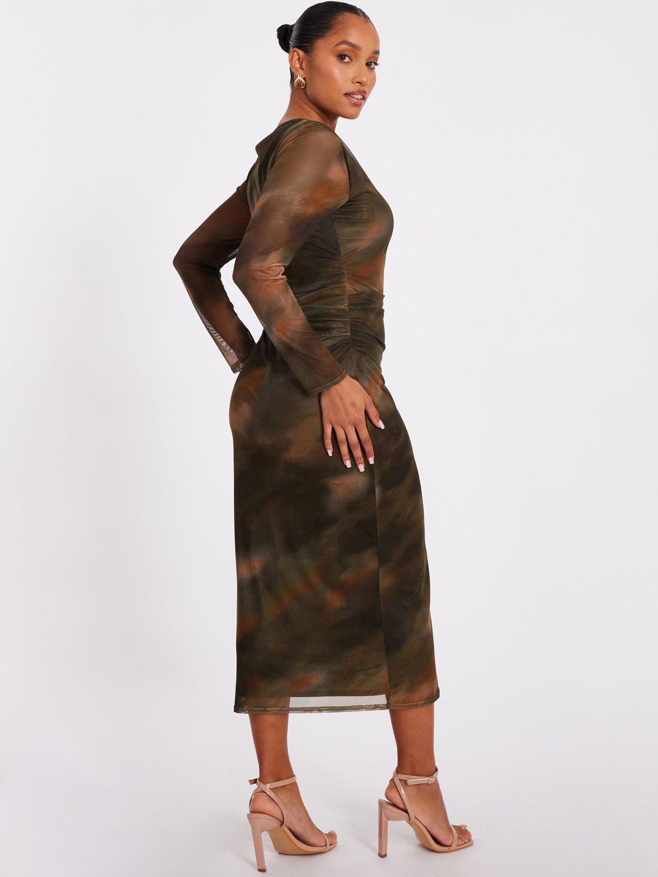 Image 2 of 6 of Quiz Petite Khaki Printed Long Sleeve Midaxi Dress