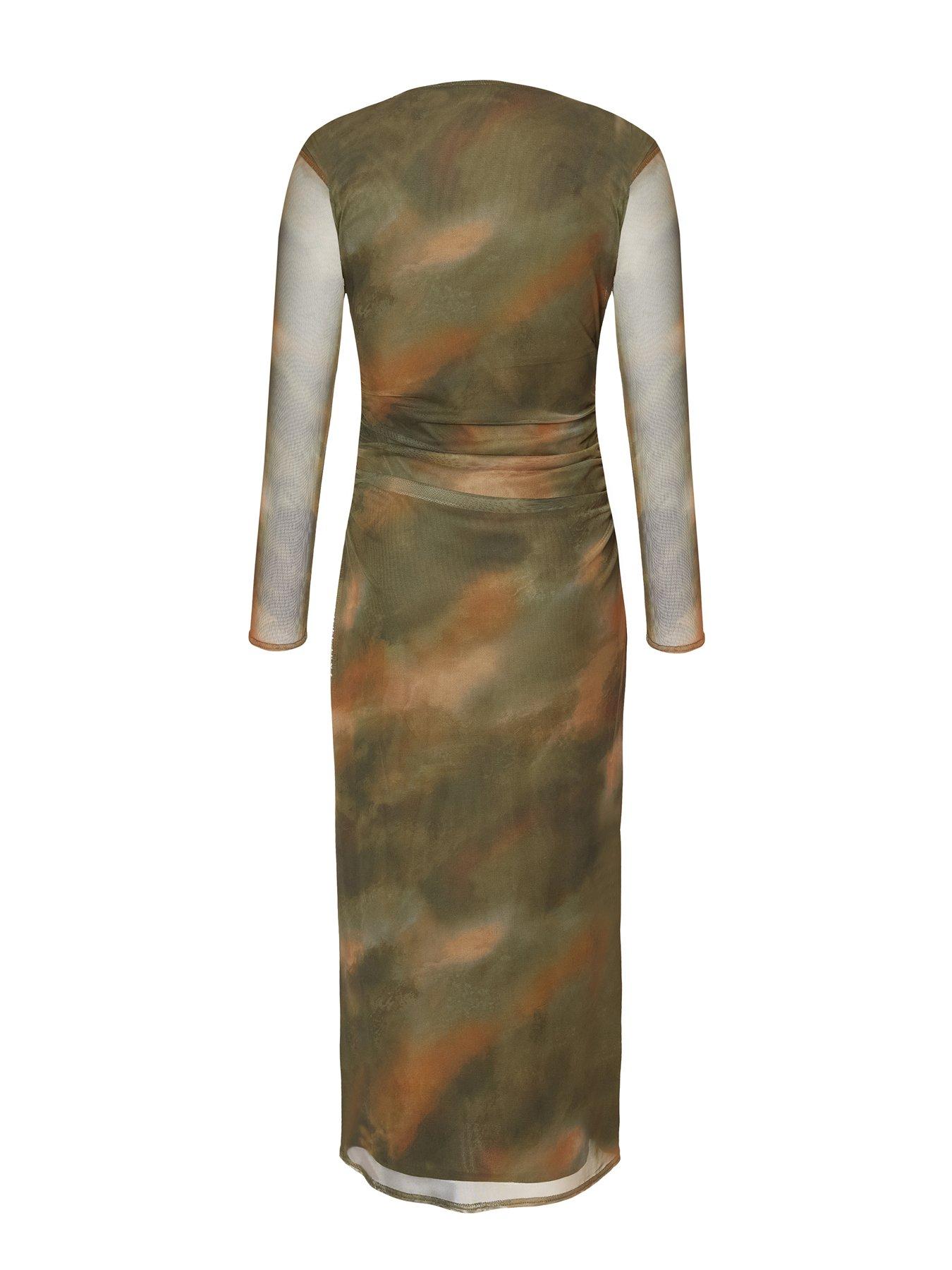 Image 4 of 6 of Quiz Petite Khaki Printed Long Sleeve Midaxi Dress
