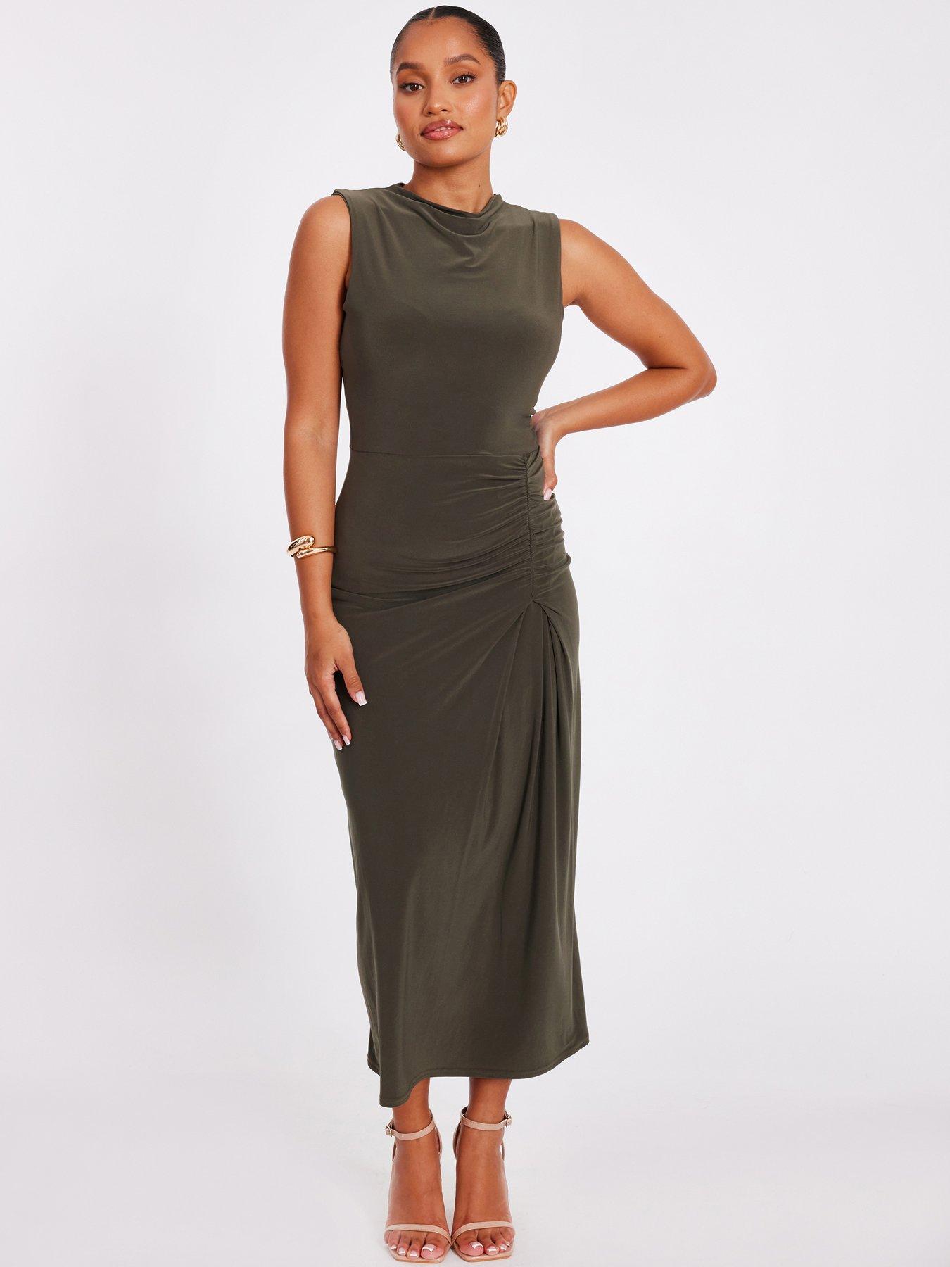 undefined Petite Khaki Ruched Bodycon Midaxi Dress