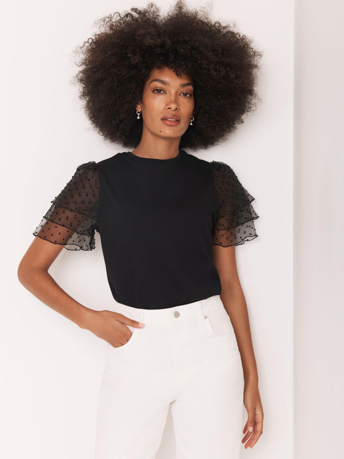 Image 1 of 6 of Mint Velvet Tulle Sleeve T-Shirt - Black
