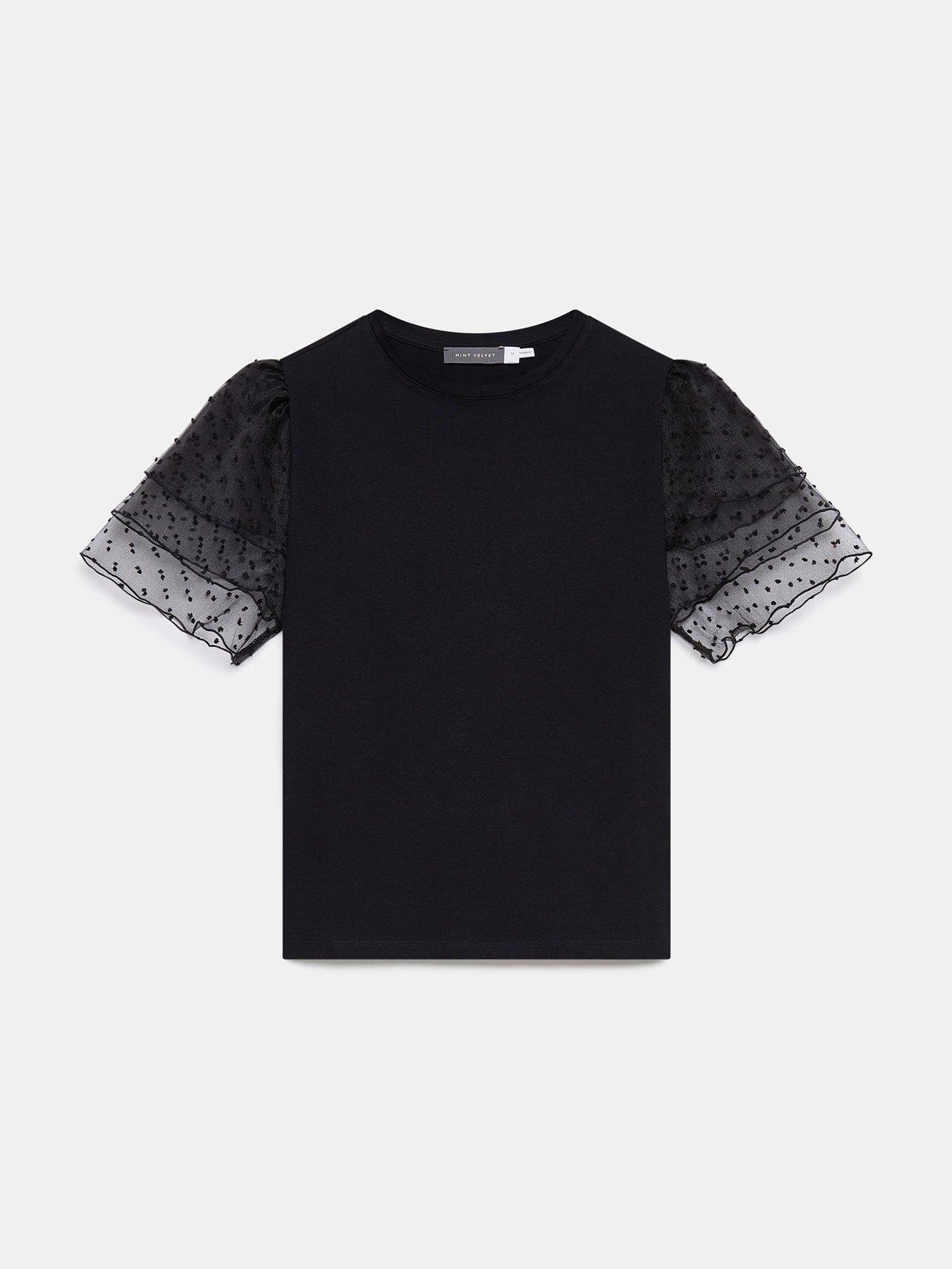 Image 5 of 6 of Mint Velvet Tulle Sleeve T-Shirt - Black