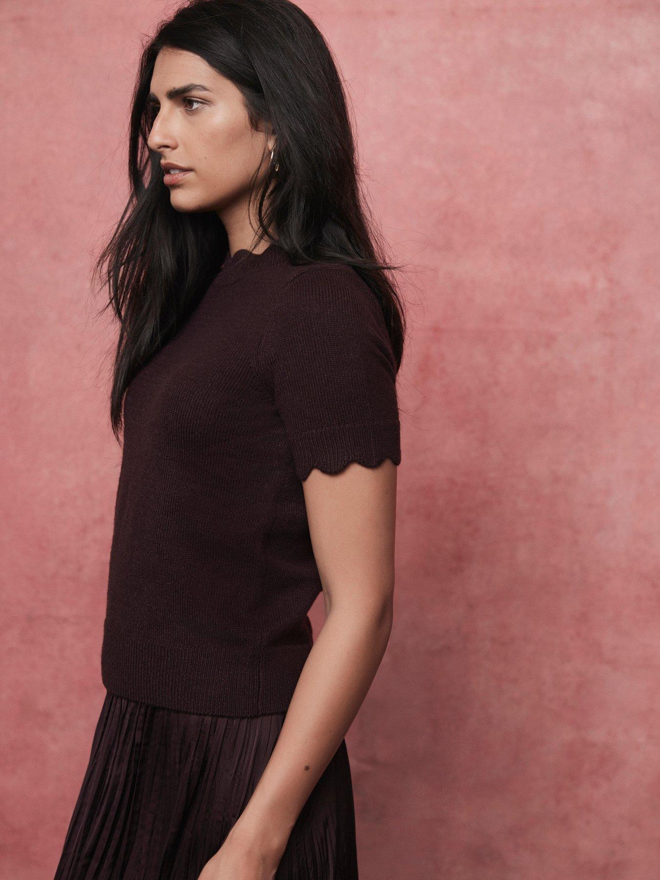 Image 2 of 6 of Mint Velvet Bordeaux Scallop Knit Top - Red