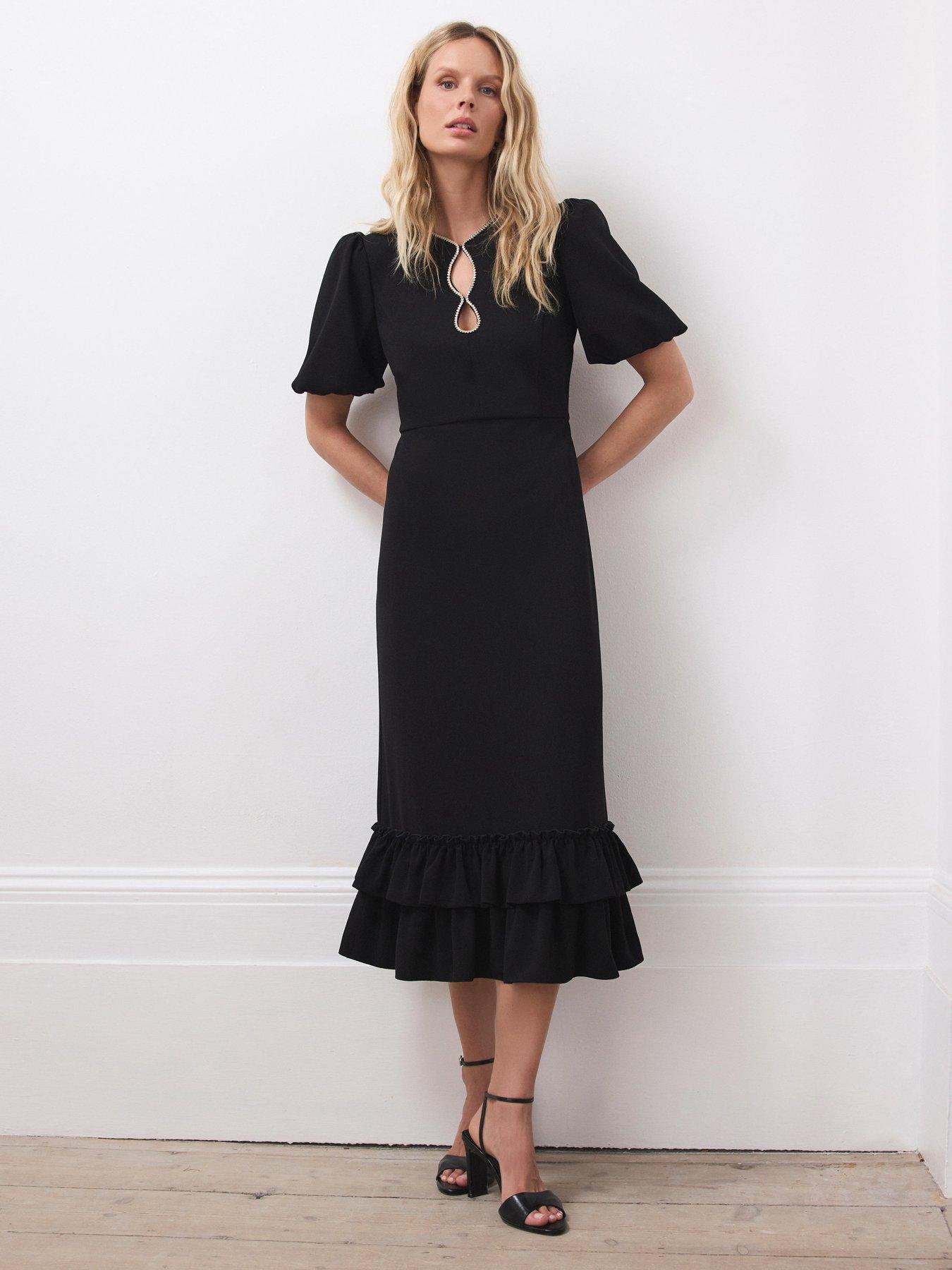 undefined Diamante Trim Midi Dress - Black