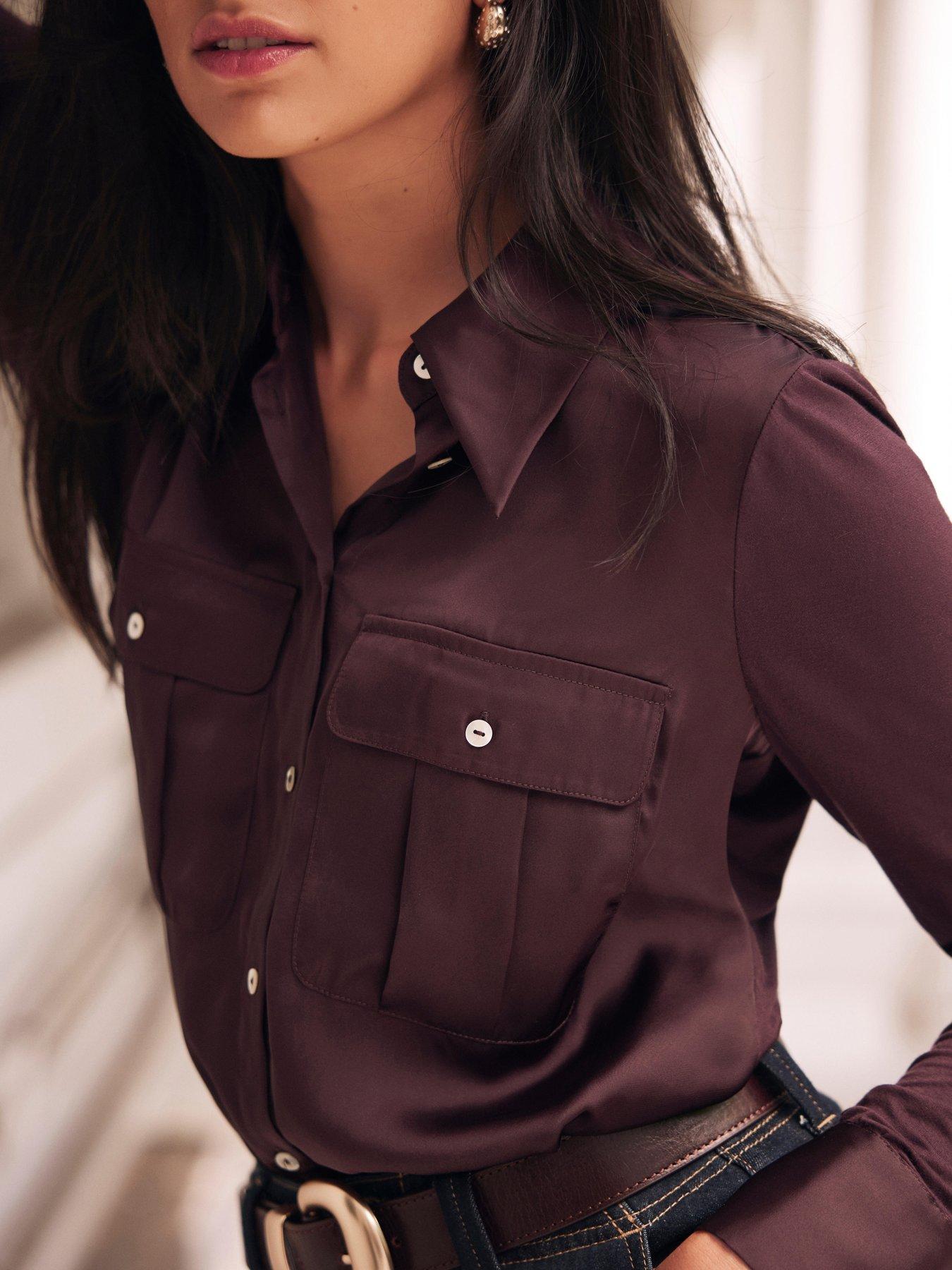 Image 4 of 6 of Mint Velvet Satin Utility Shirt - Burgundy