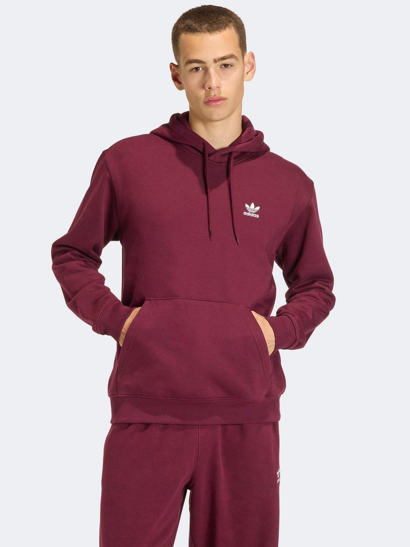  image of adidas-originals-mens-trefoil-essentials-loose-hoodie-dark-red
