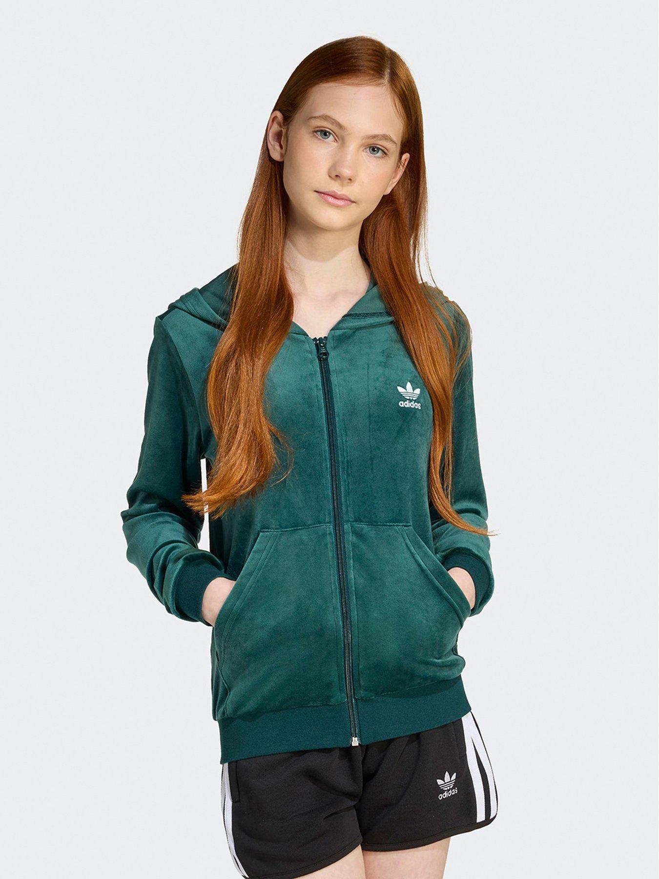  image of adidas-originals-junior-girls-velour-zip-hoodie-kids-green
