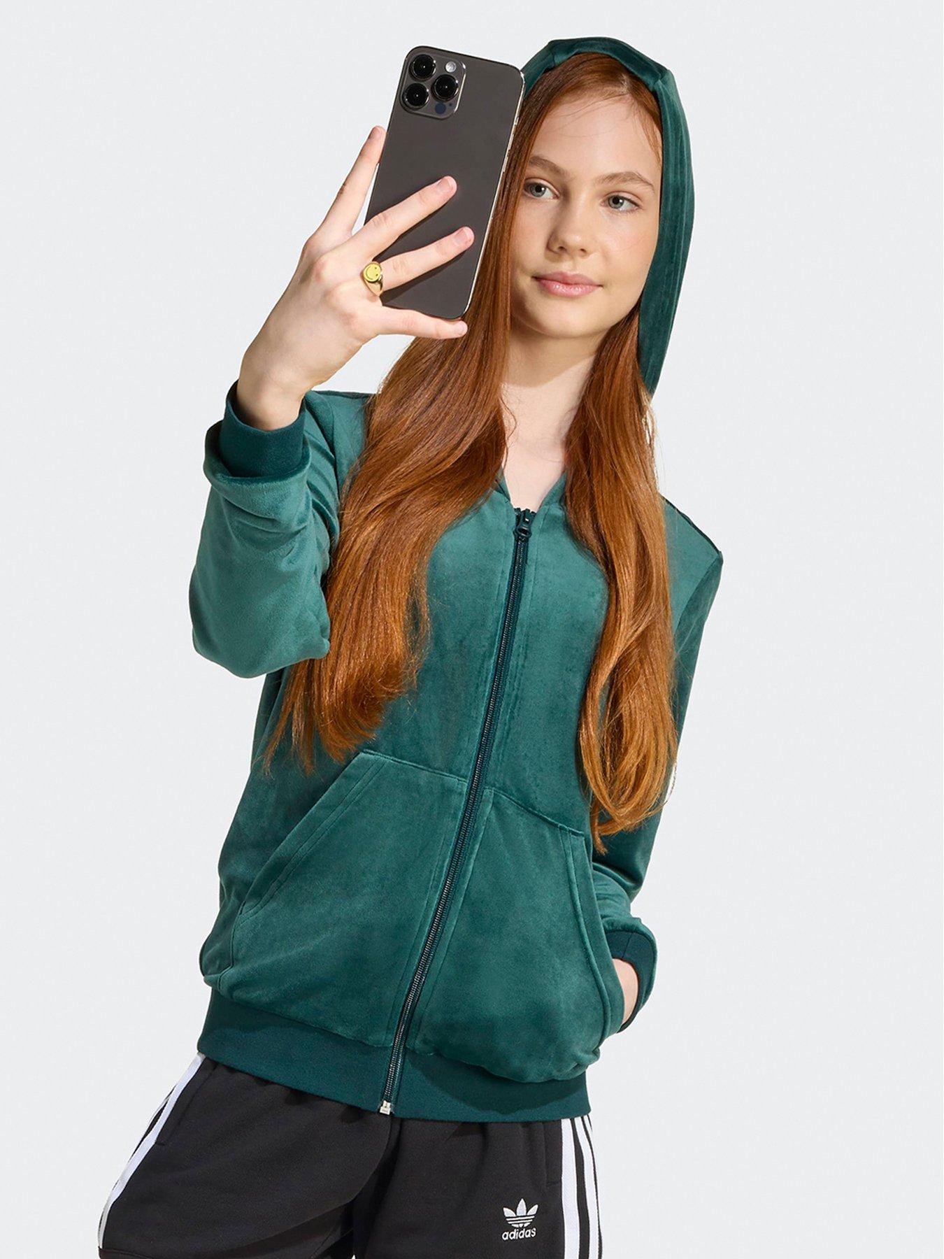  image of adidas-originals-junior-girls-velour-zip-hoodie-kids-green