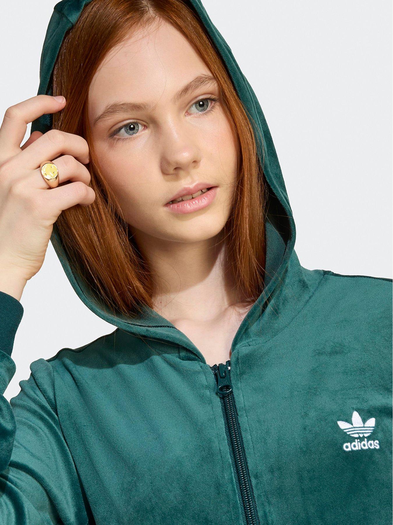  image of adidas-originals-junior-girls-velour-zip-hoodie-kids-green