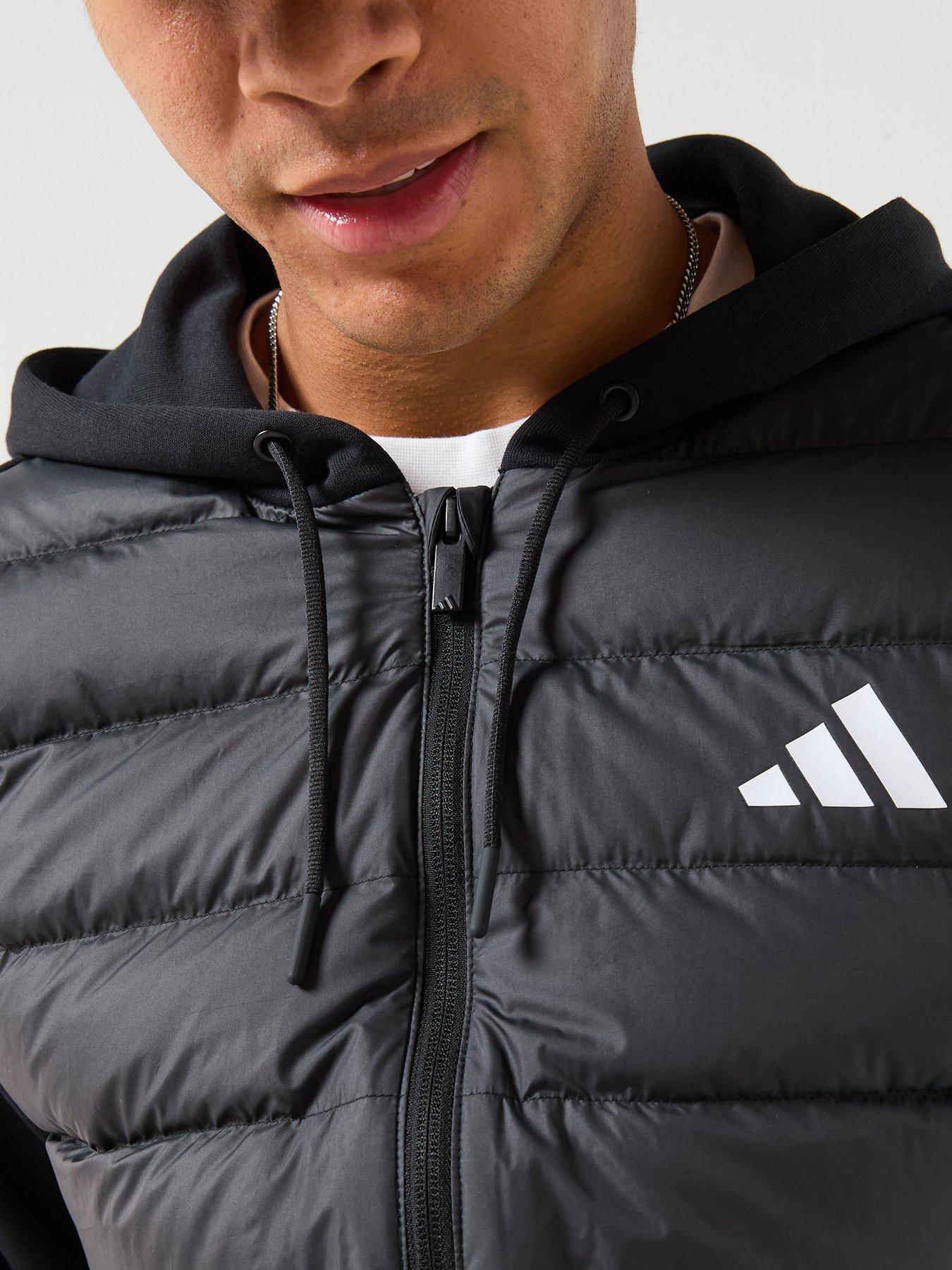  image of adidas-sportswear-mens-essentials-hybrid-down-hooded-jacket-black