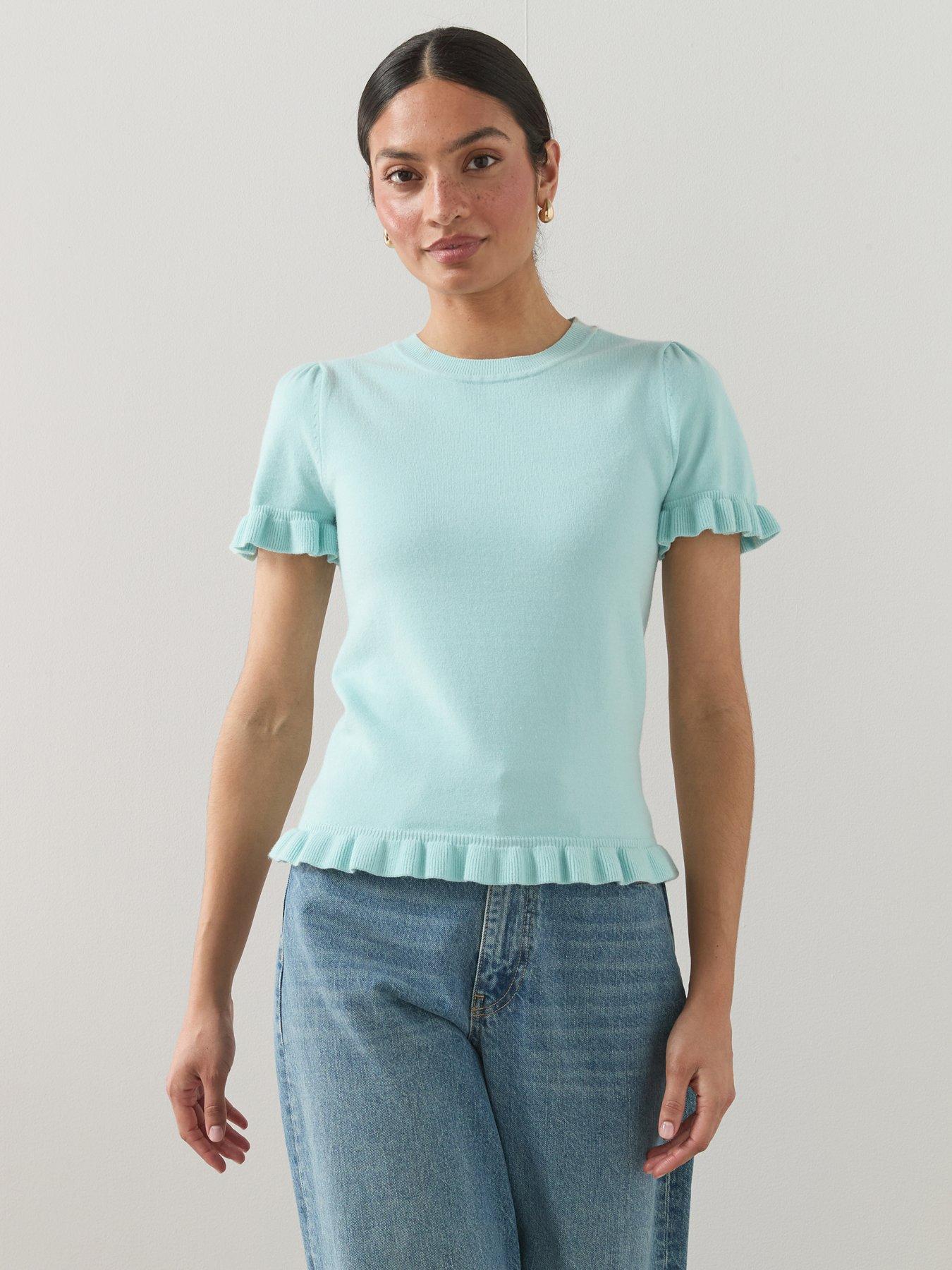 The Very Collection Crew Neck Frill Edge Knitted T-Shirt - Light Blue