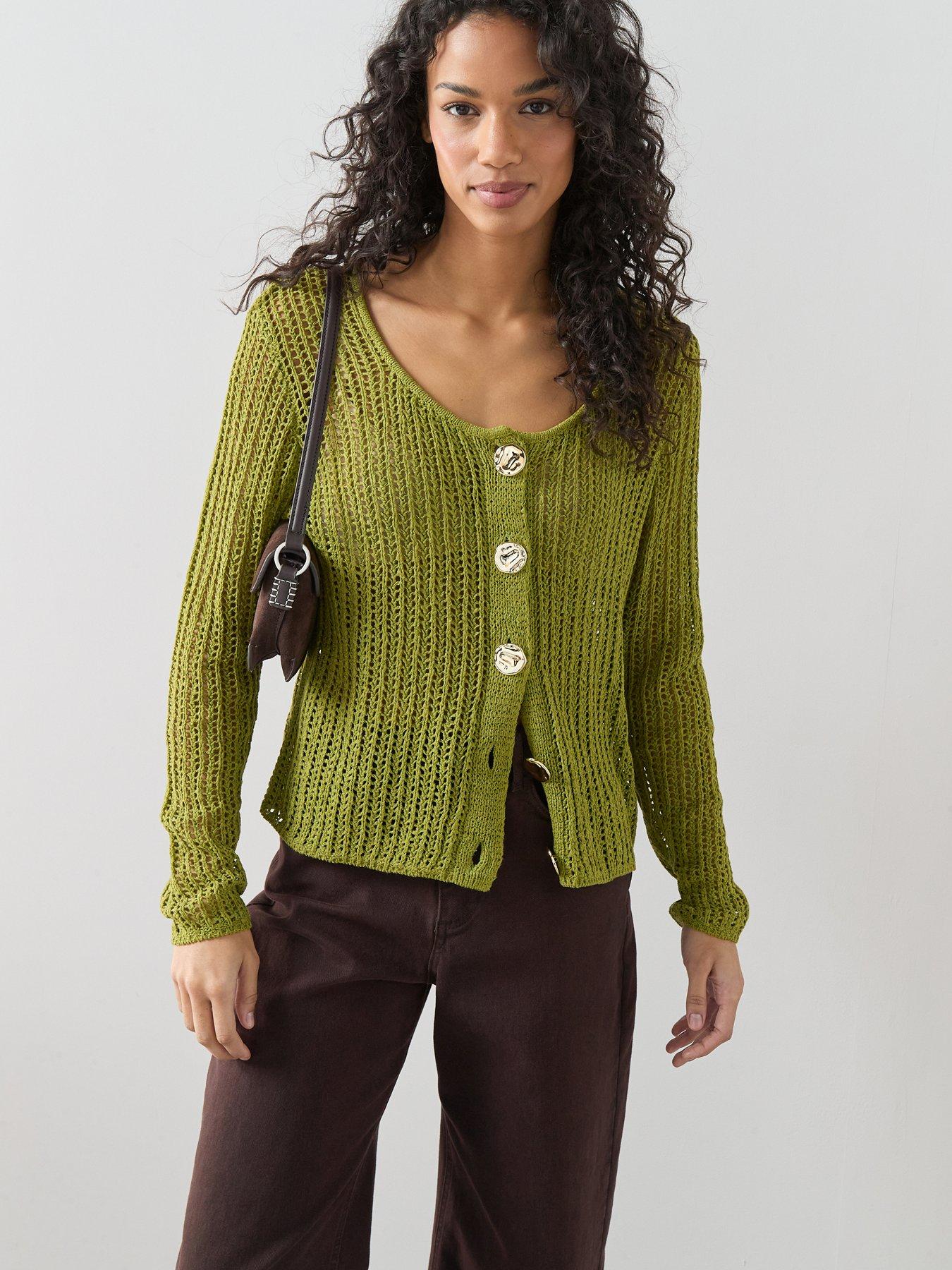 The Very Collection Scoop Neck Crochet Cardigan - Green