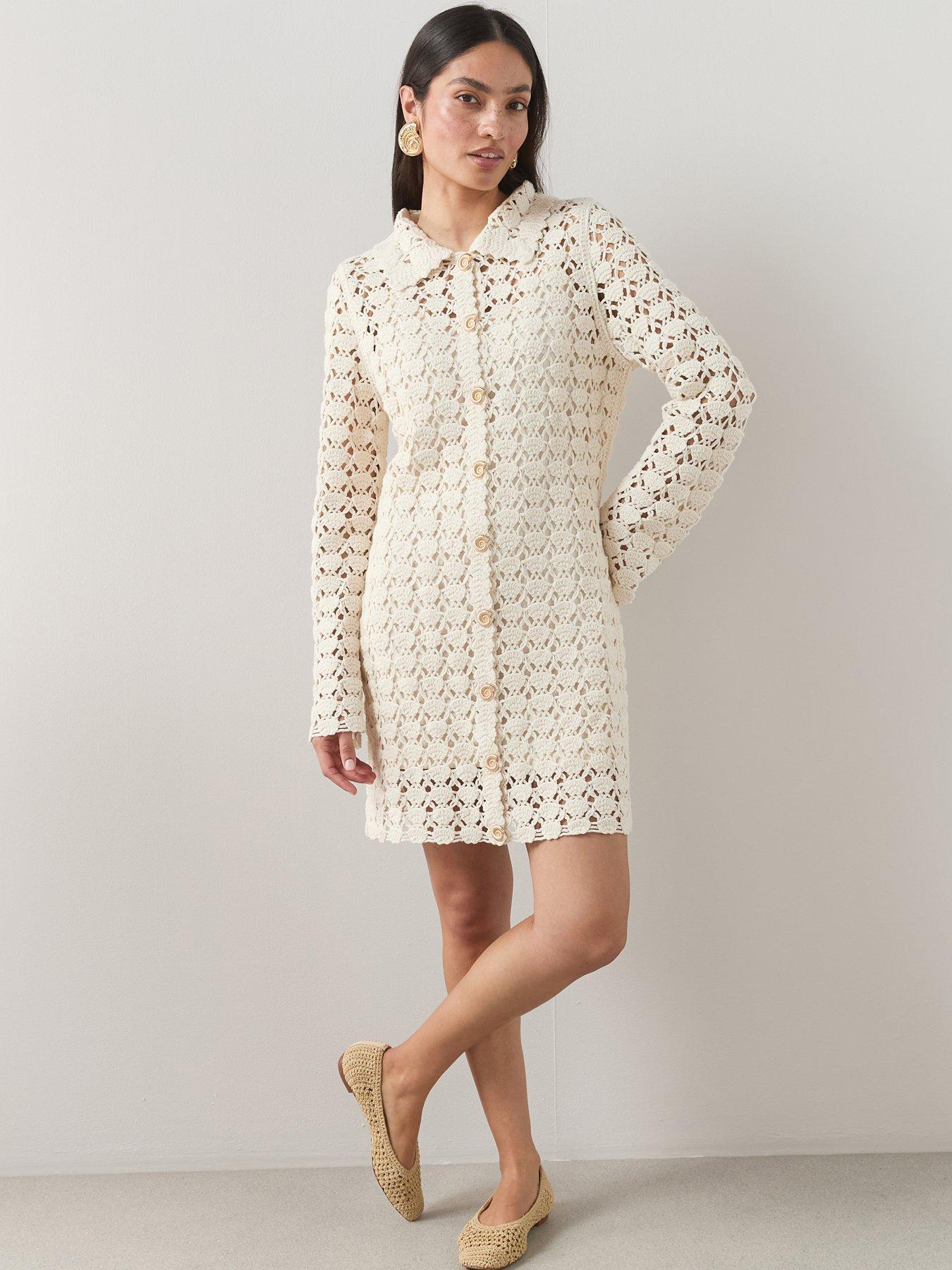 The Very Collection Cotton Rich Long Sleeve Collared Crochet Mini Dress - Cream
