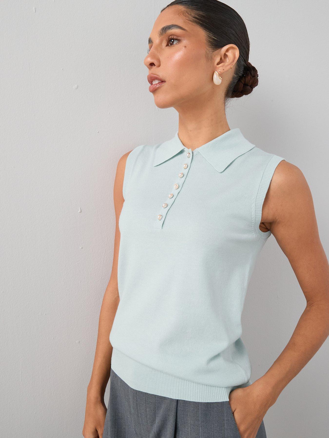 Image 4 of 7 of The Very Collection Collared Neck Half Placket Sleeveless Knitted Top - Light Blue