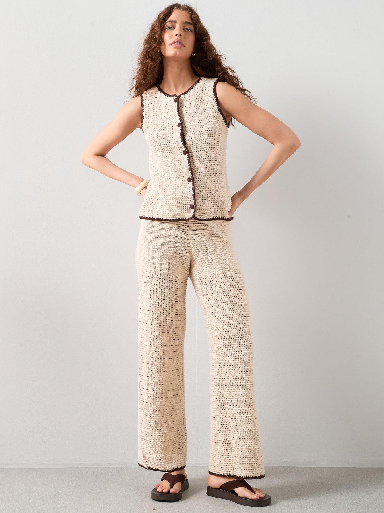 The Very Collection Cotton Rich Blanket Stitch Knitted Wide Leg Trouser -Cream