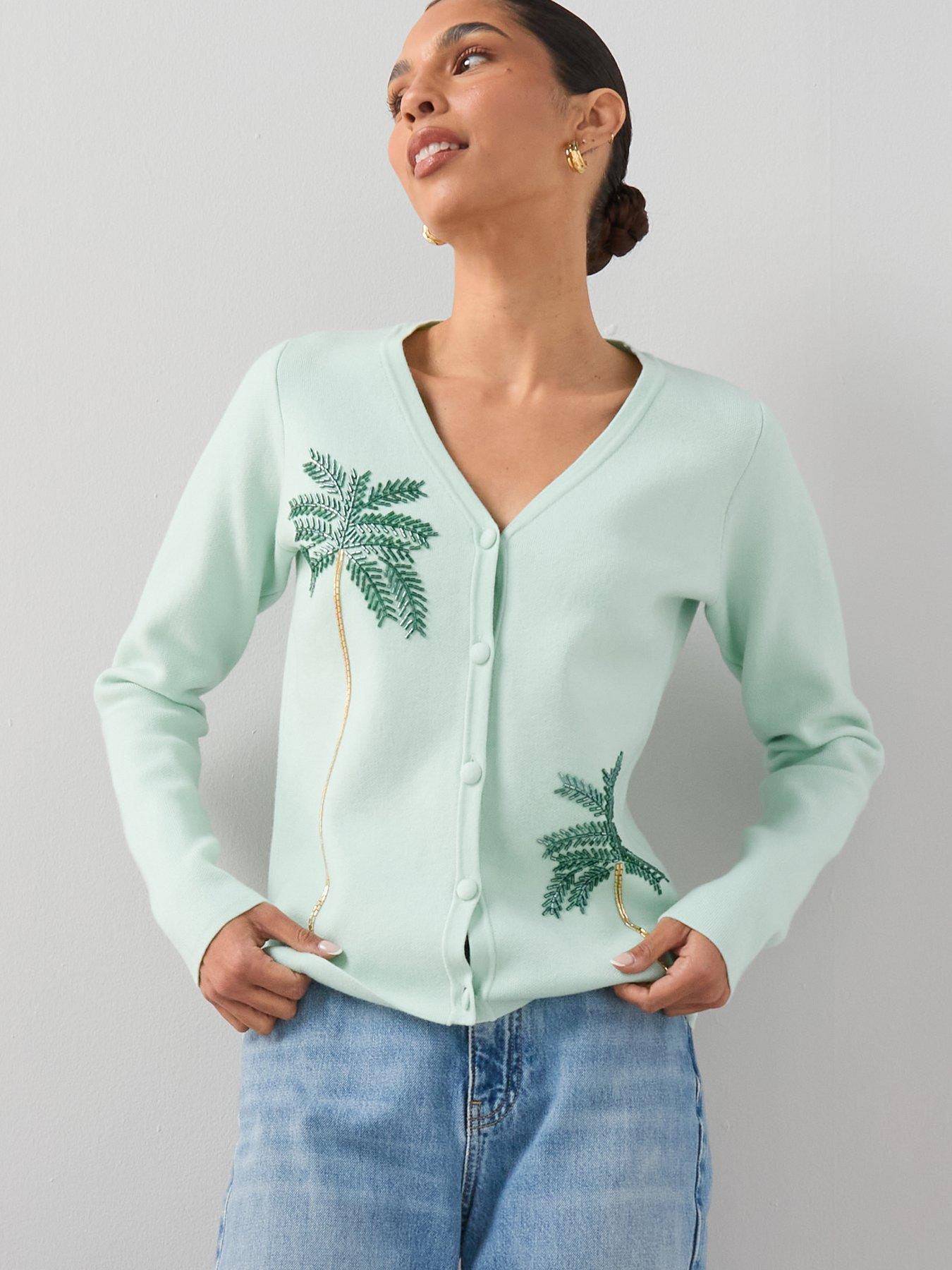 The Very Collection V Neck Palm Bead Embroidery Cardigan - Green