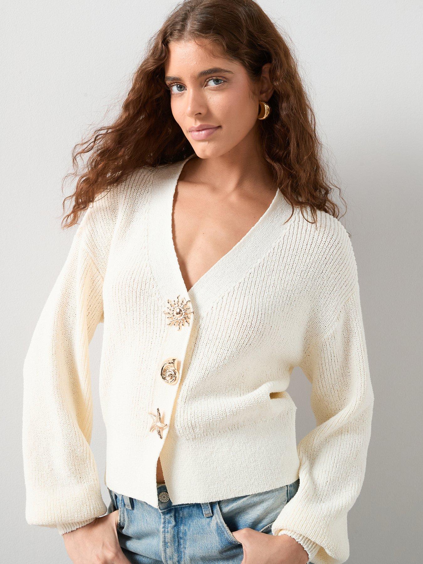 The Very Collection Cotton Rich Sun Button V Neck Cardigan - Cream