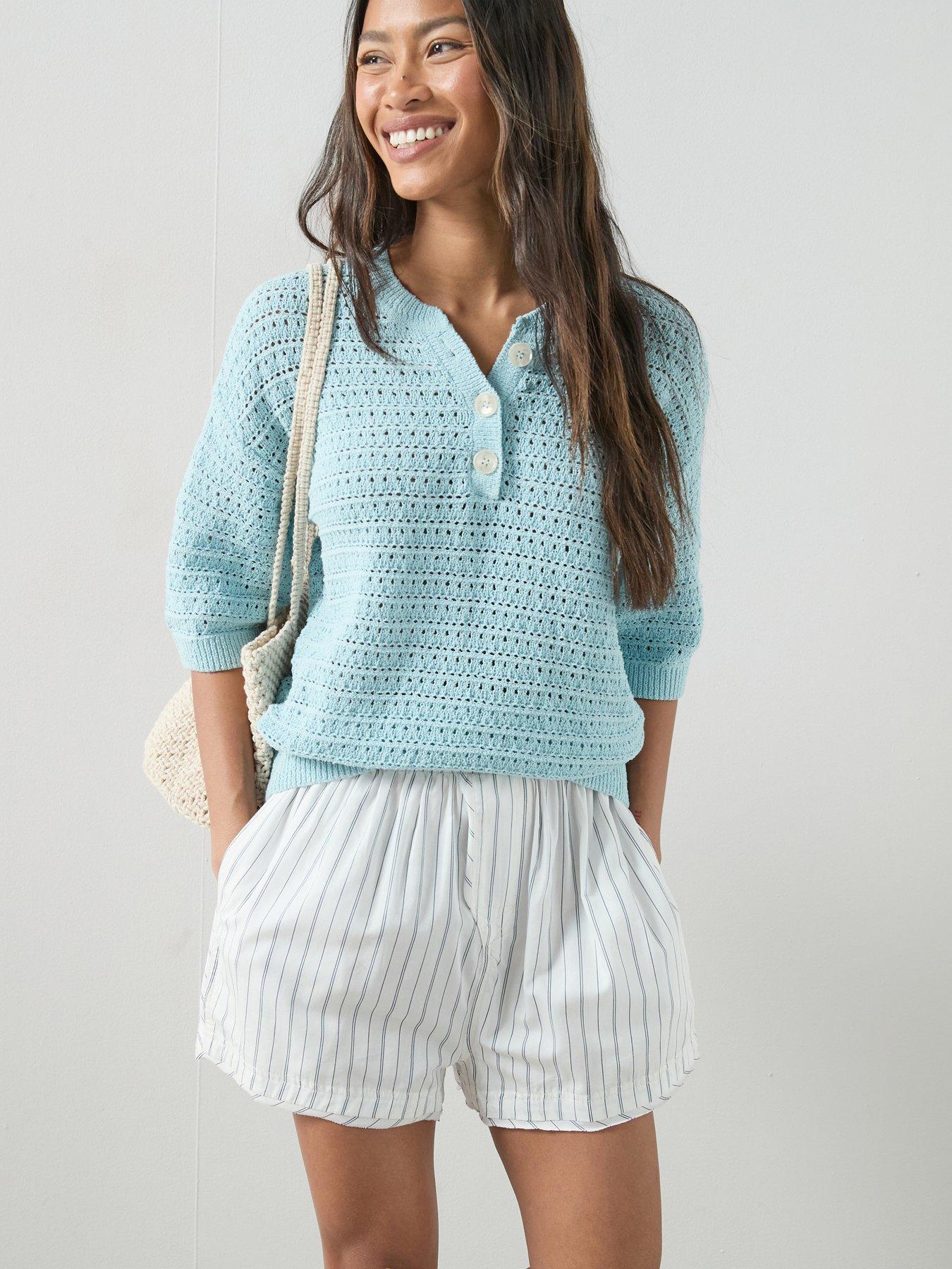 The Very Collection Cotton Rich Short Sleeve Knitted Top - Light Blue