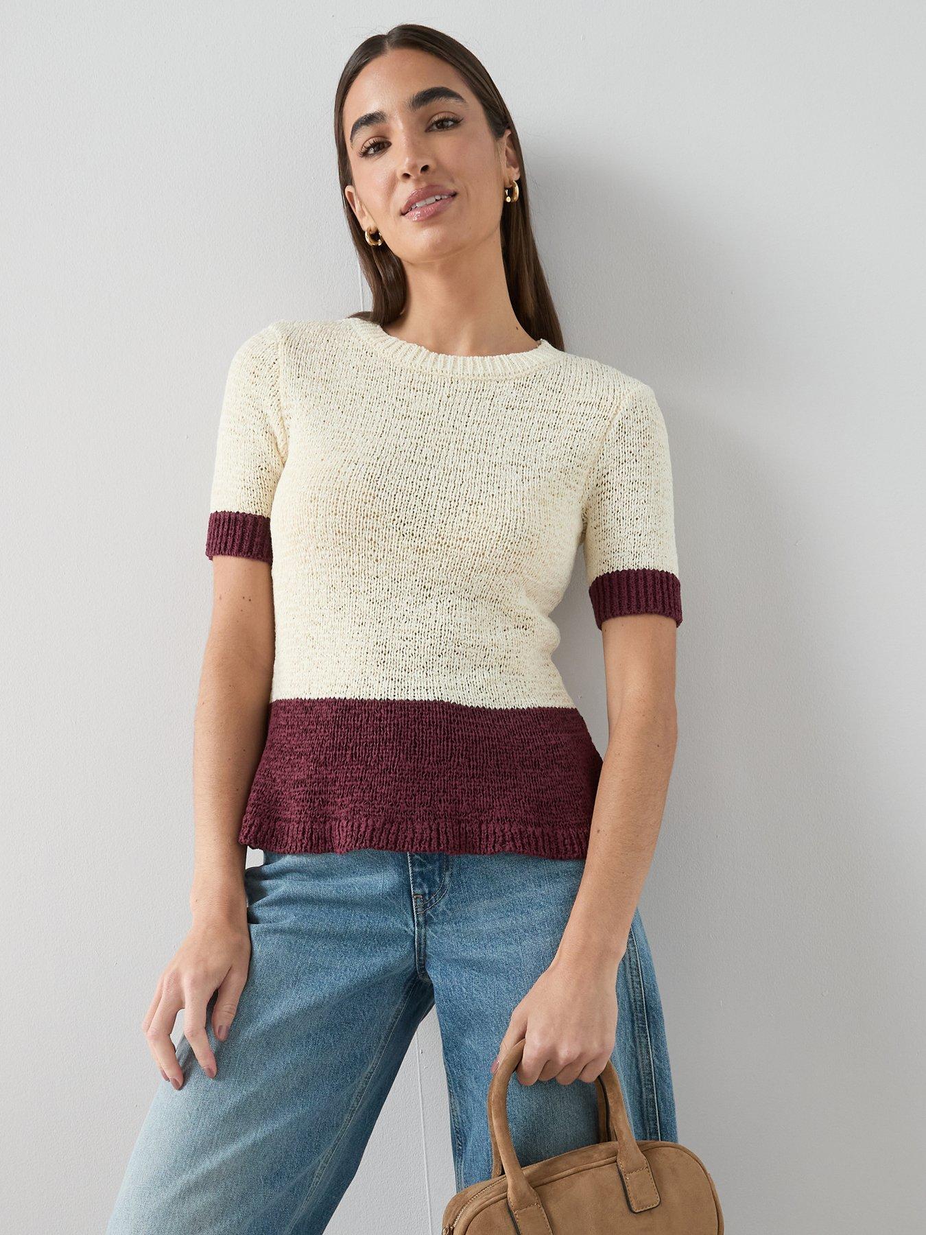 The Very Collection Short Sleeve Colour Block Knitted Top - Cream/burg