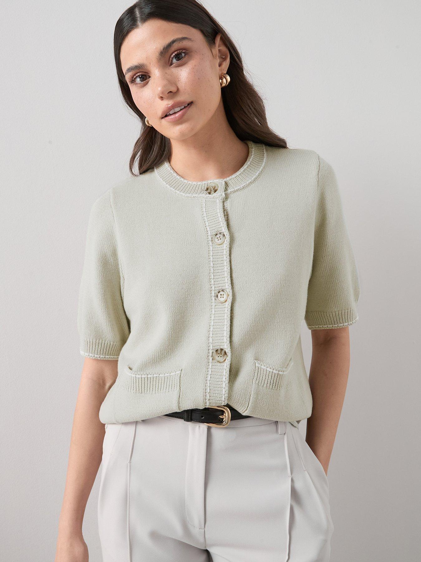 The Very Collection Cotton Rich Short Sleeve Blanket Stitch Cardigan - Sage Green