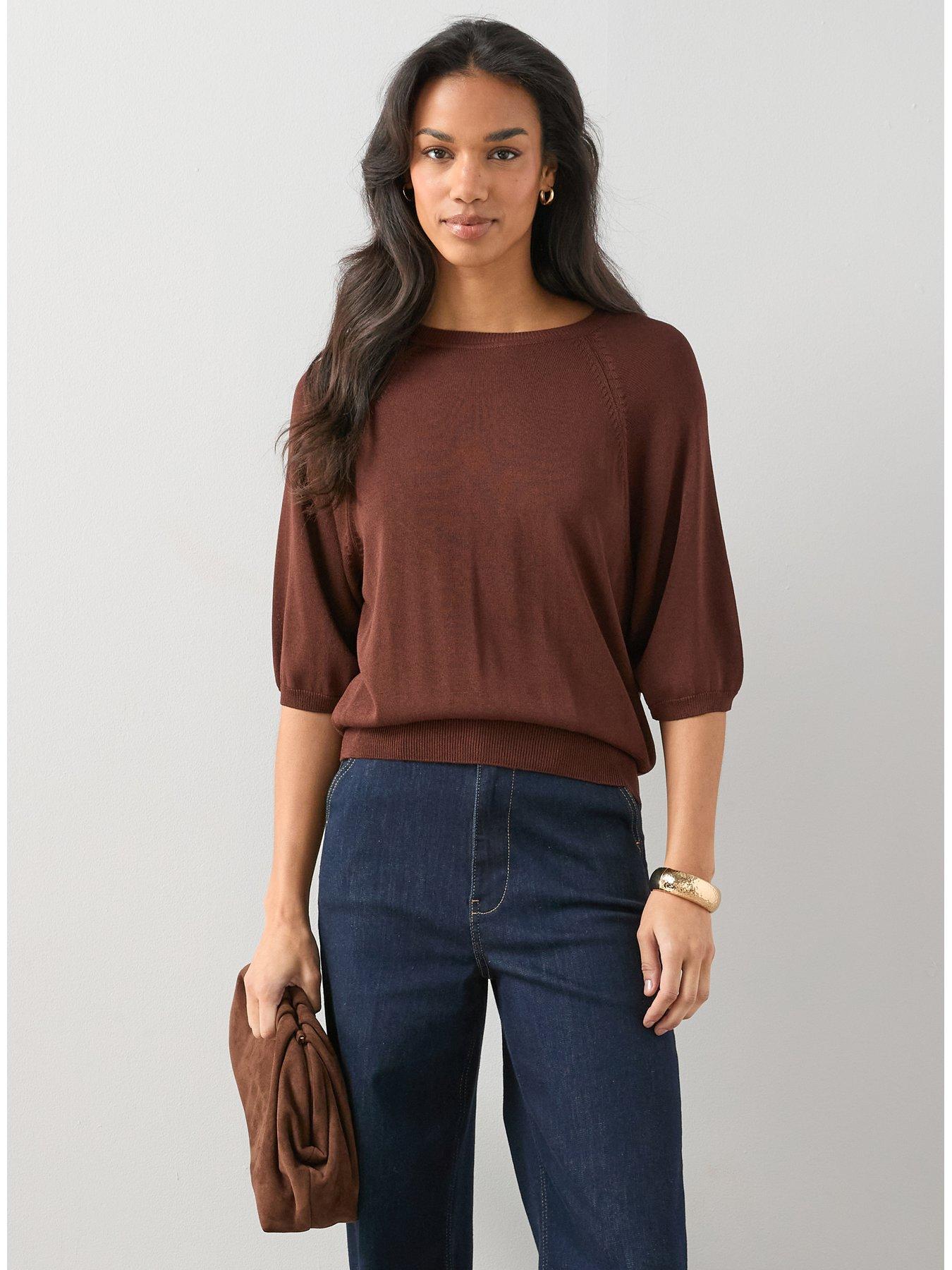 Image 1 of 7 of The Very Collection Batwing Cinched Waist Knitted Top - Brown