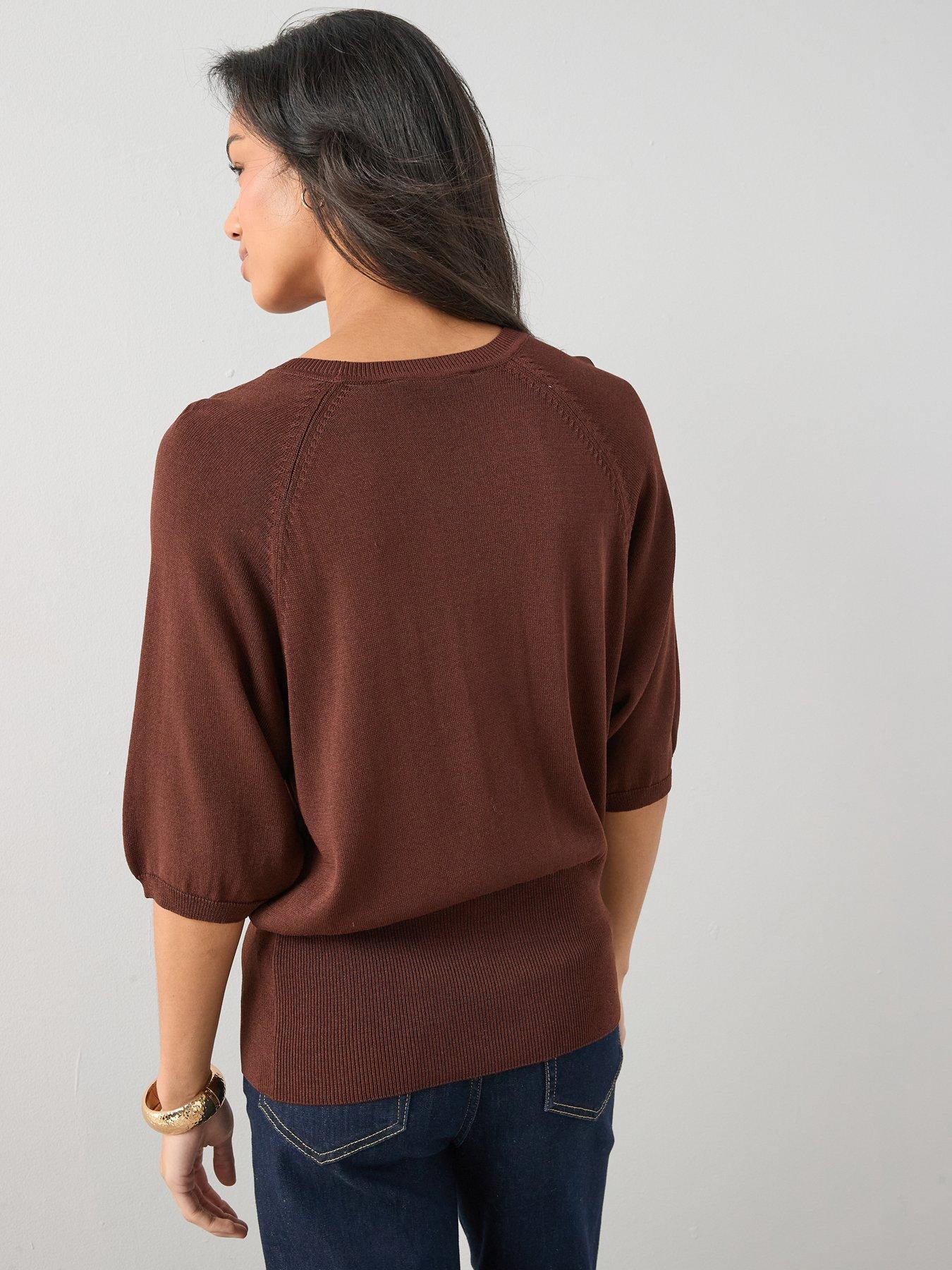Image 2 of 7 of The Very Collection Batwing Cinched Waist Knitted Top - Brown