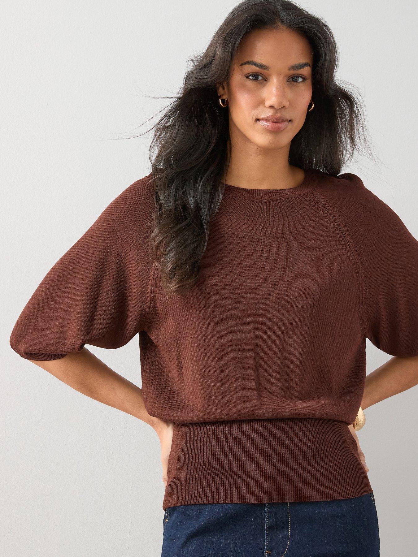 Image 3 of 7 of The Very Collection Batwing Cinched Waist Knitted Top - Brown