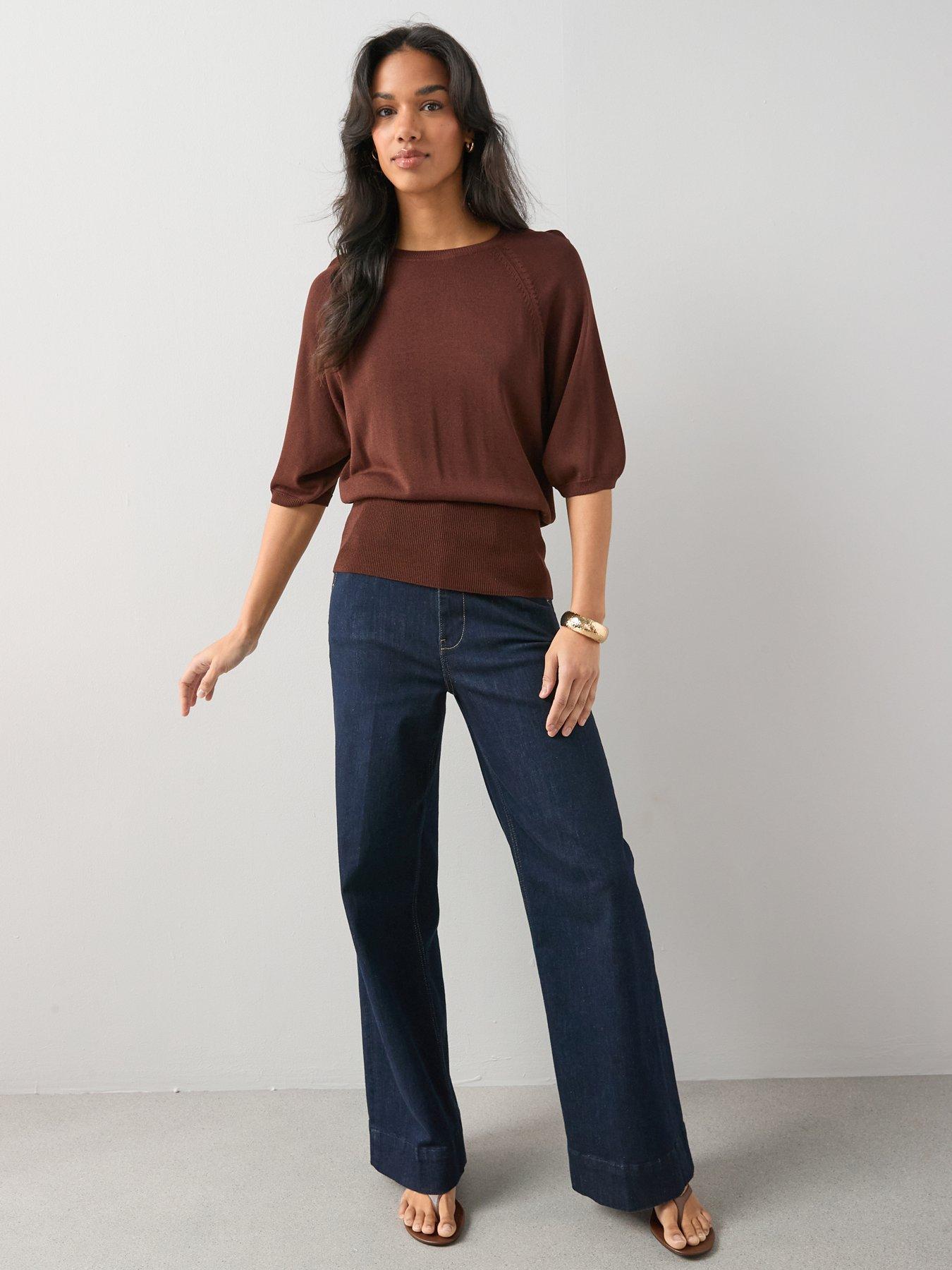 Image 5 of 7 of The Very Collection Batwing Cinched Waist Knitted Top - Brown