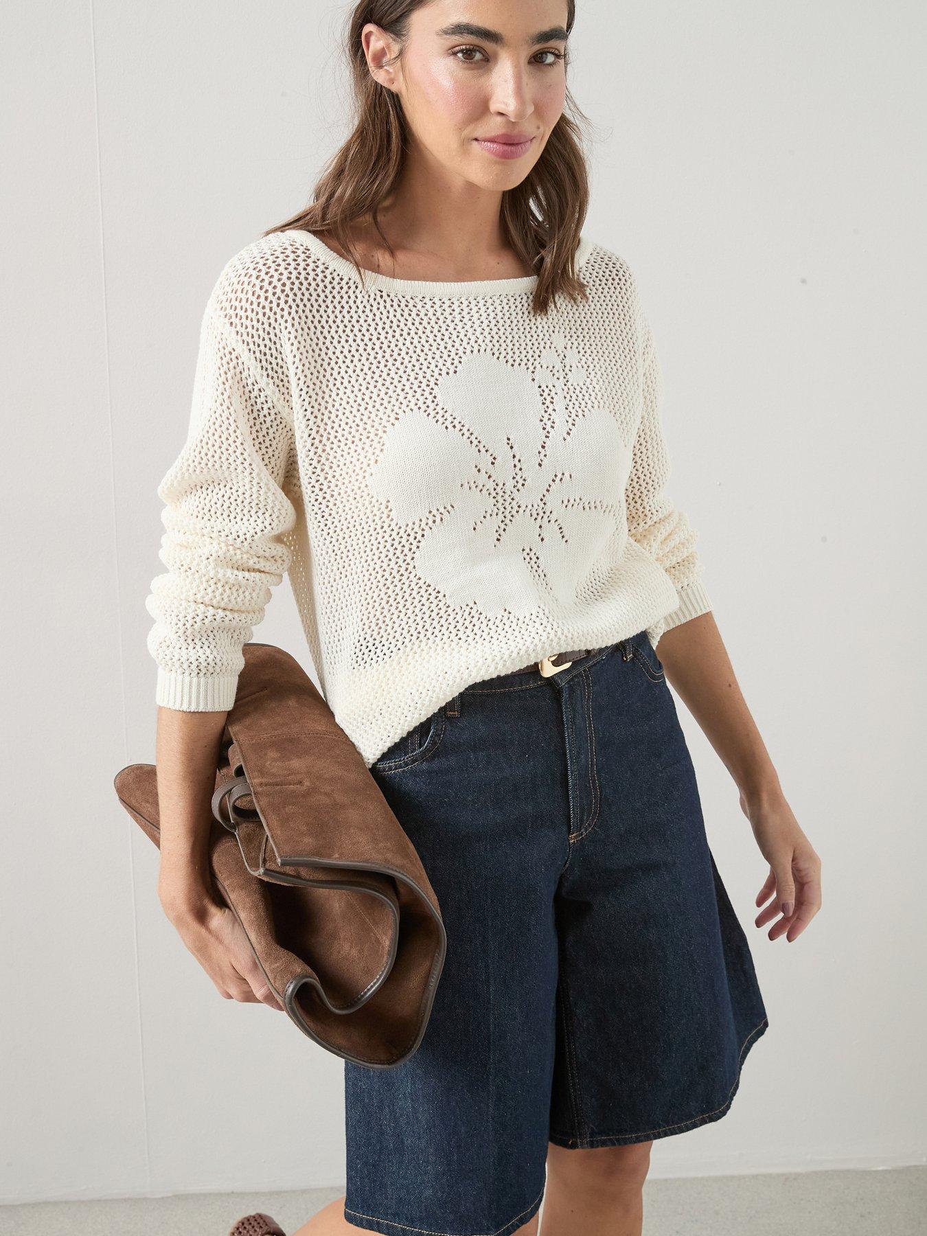The Very Collection Cotton Rich Crochet Flower Long Sleeve Jumper - Cream